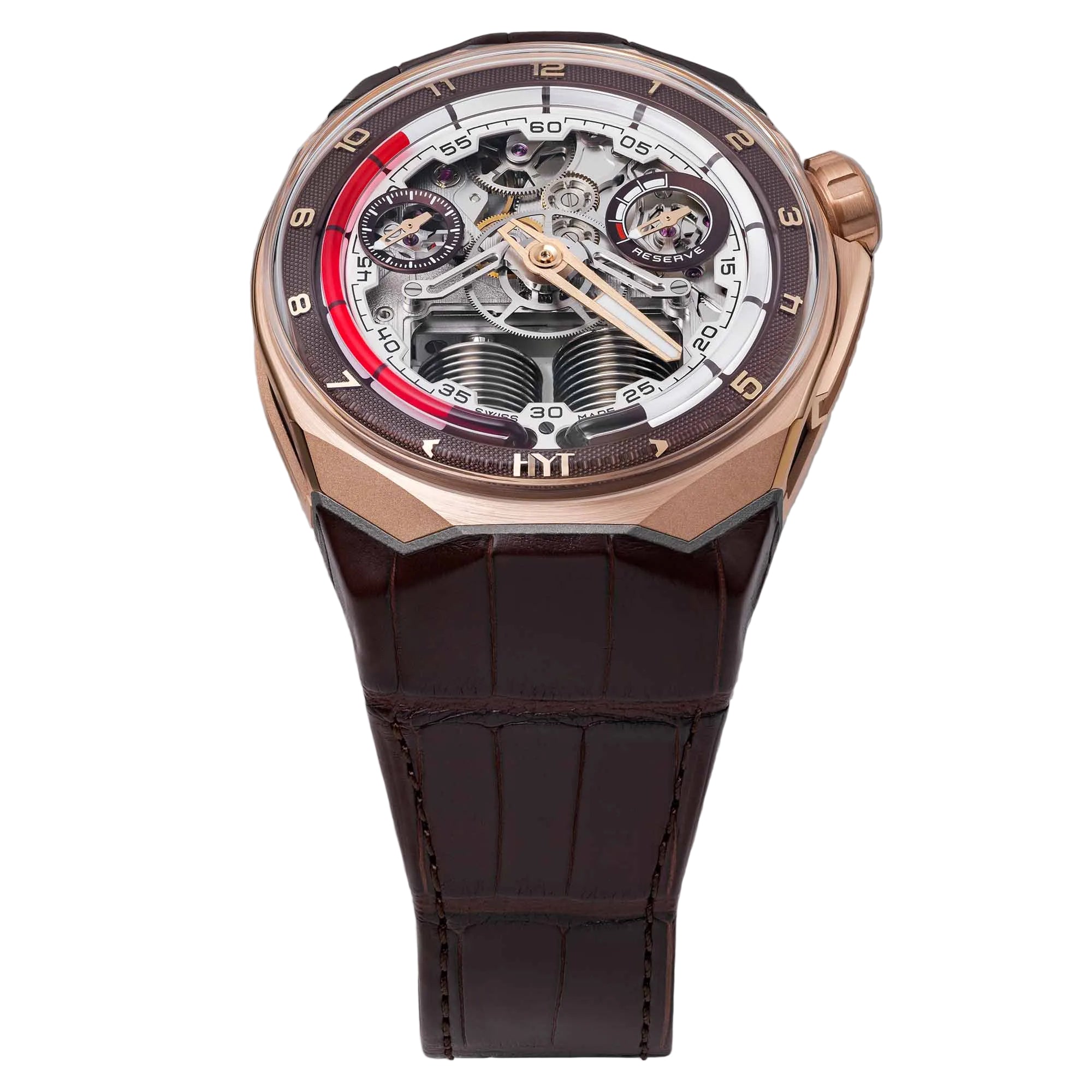 Limited to just 8 pieces, the HYT S1 5N Gold Titanium Cigare pairs 5N gold accents with titanium construction and HYT’s signature fluid time indication.