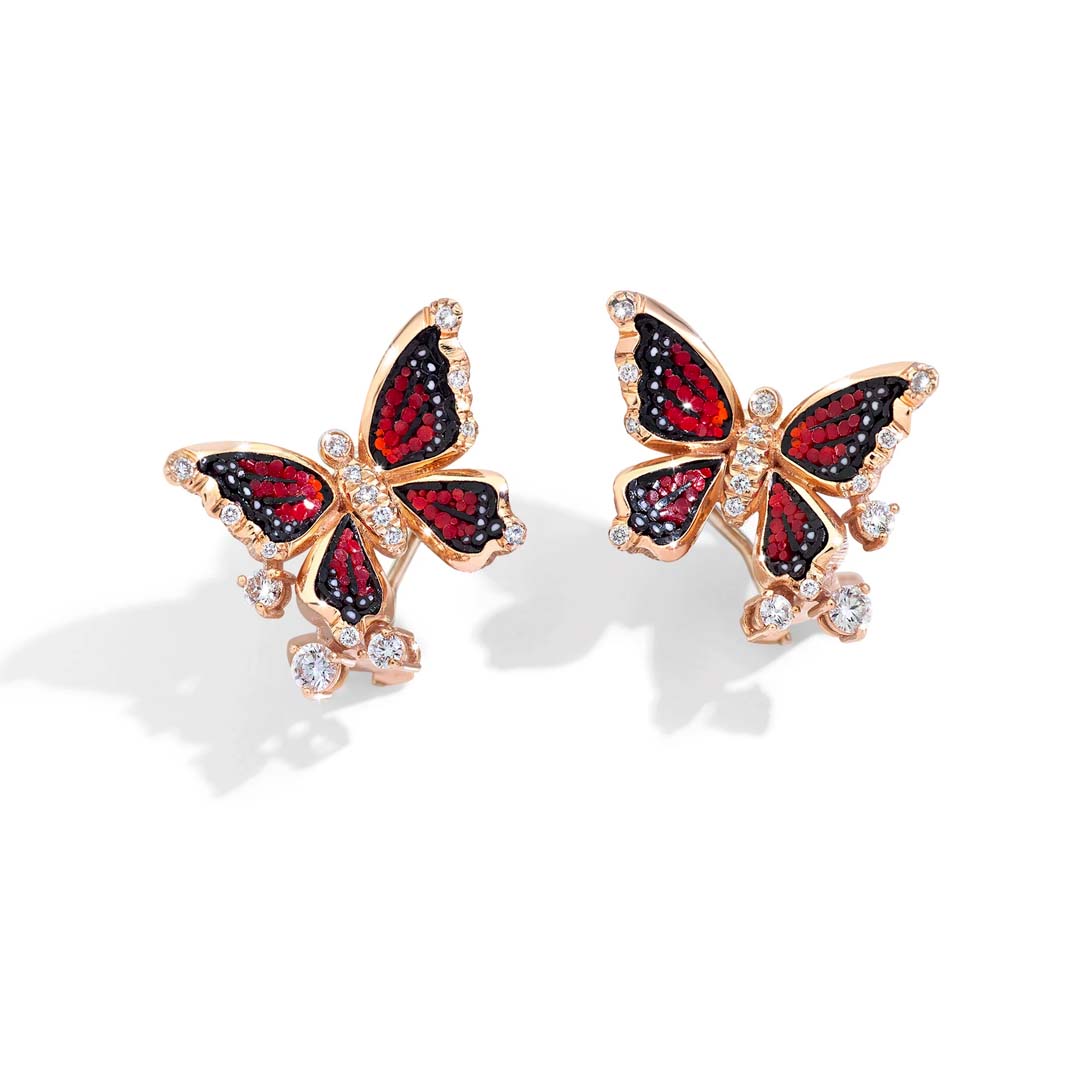 Butterfly Romance Red Lobe Earrings by SICIS JEWELS feature vivid micromosaic wings, brilliant diamonds, and handcrafted Italian elegance.