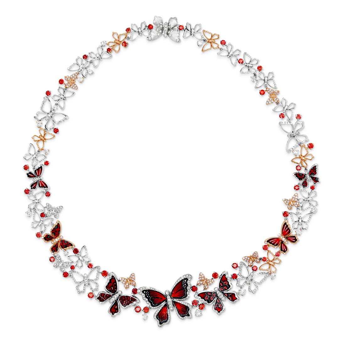 The Butterfly Romance Red Necklace by SICIS is a vibrant display of micromosaic butterflies, diamonds, and fine Italian craftsmanship.