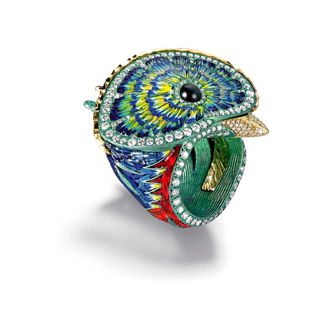 SICIS JEWELS Quetzal Ring features hand-crafted micromosaic feathers, brilliant diamonds, and Italian artistry in a sculptural design.