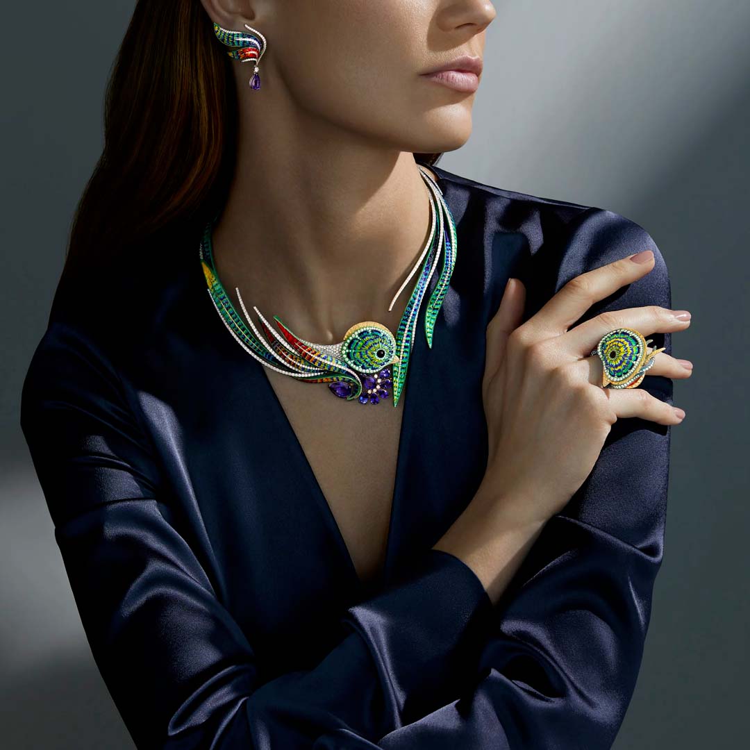 Shop the iconic SICIS Quetzal Ring, a bold micromosaic masterpiece combining high jewelry with vibrant feathers and diamond details.