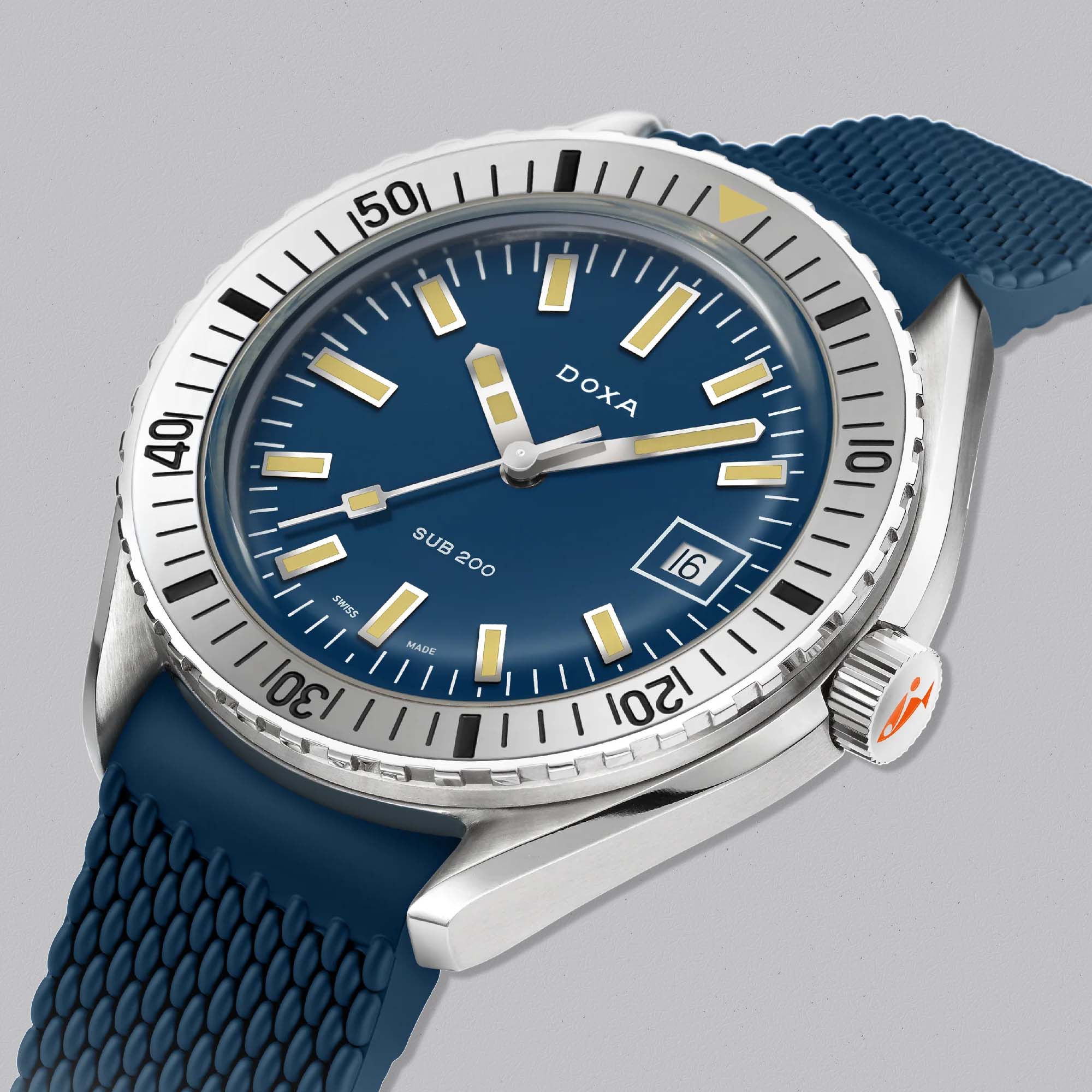 The Doxa SUB 200 Caribbean combines classic dive watch design with modern reliability, stainless steel bezel, Swiss automatic movement, and rubber strap.
