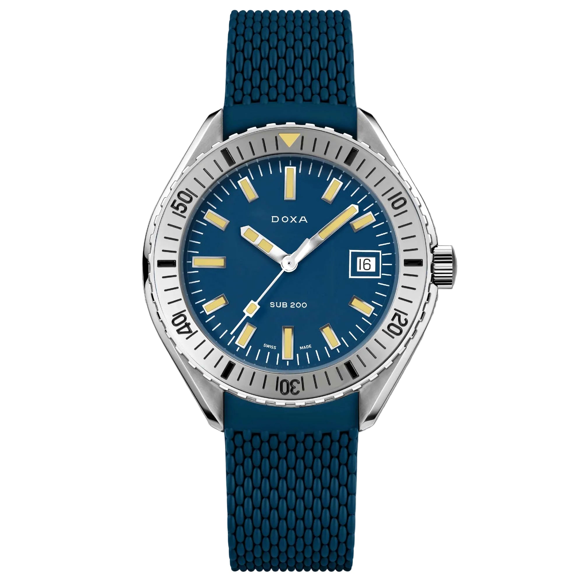 Discover the Doxa SUB 200 Caribbean with stainless steel bezel and rubber strap. A Swiss automatic dive watch inspired by vintage Doxa tool watches.