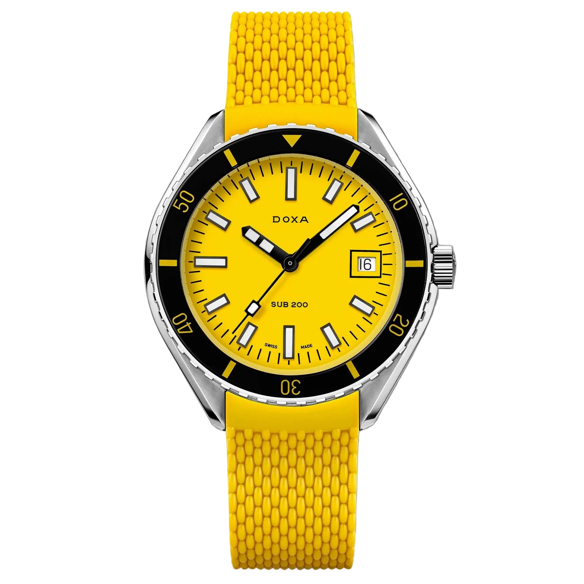 DOXA SUB 200 Divingstar 799.10.361.31 – vibrant yellow dial, 200m water resistance, and Swiss precision built for serious diving adventures.