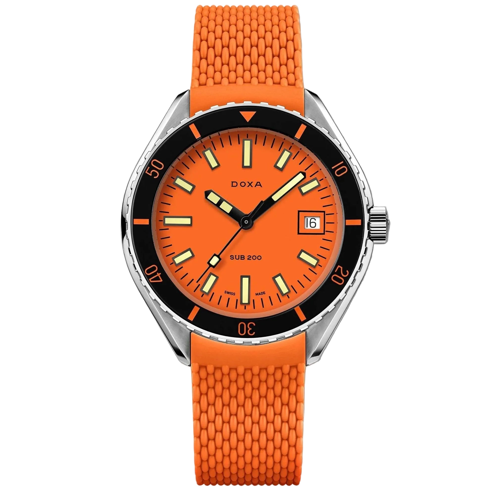 Discover the Doxa SUB 200 Professional on rubber strap. A Swiss automatic dive watch with iconic design, everyday durability, and strong vintage character.