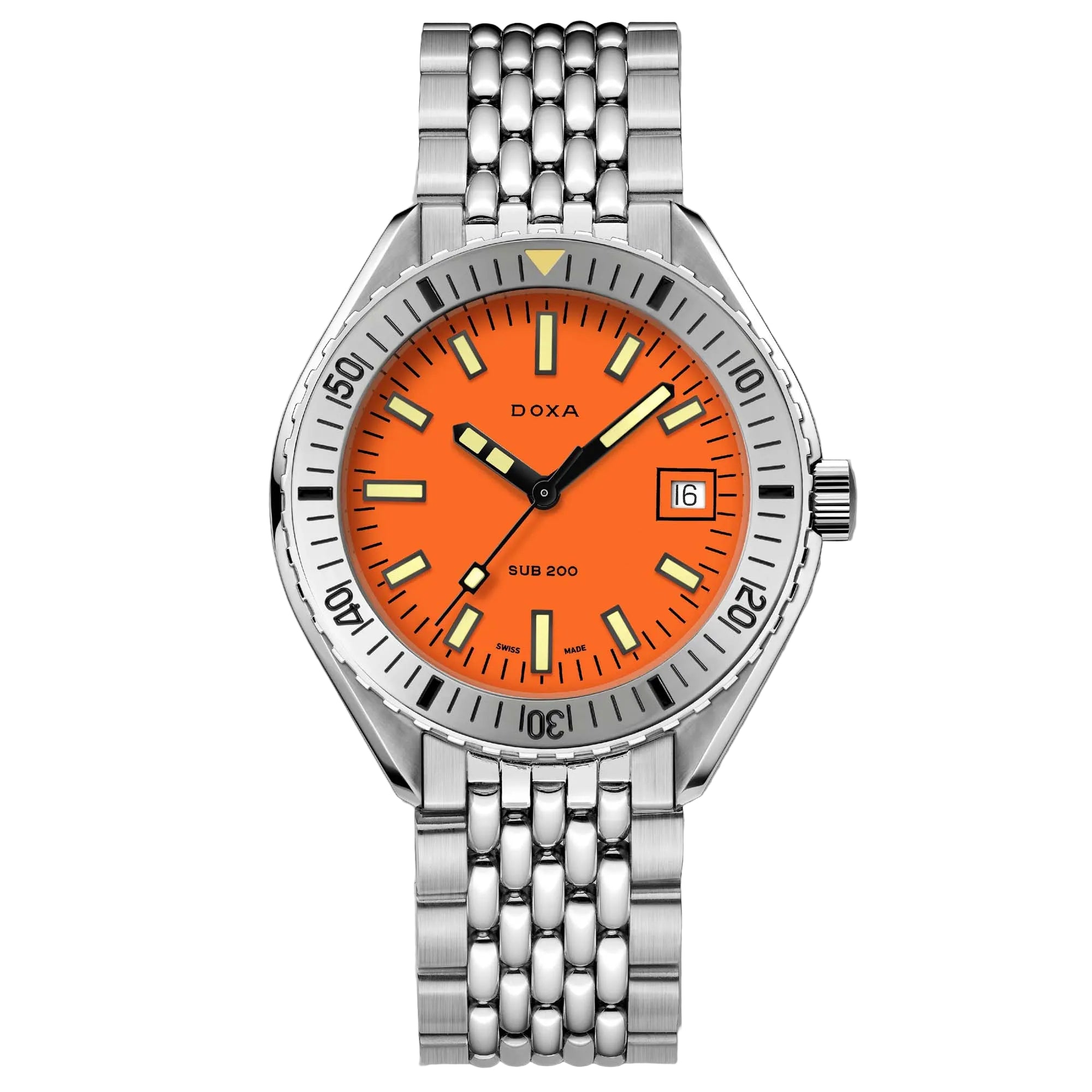Explore the Doxa SUB 200 Professional with stainless steel bezel and bracelet. A Swiss automatic dive watch inspired by Doxa’s iconic heritage.