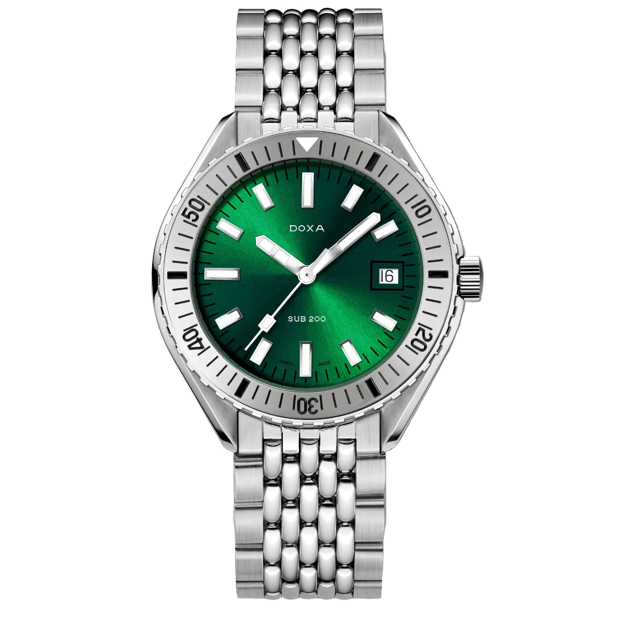 The Doxa SUB 200 Sea Emerald features a deep green dial, classic dive watch proportions, 200m water resistance, and robust Swiss automatic performance.