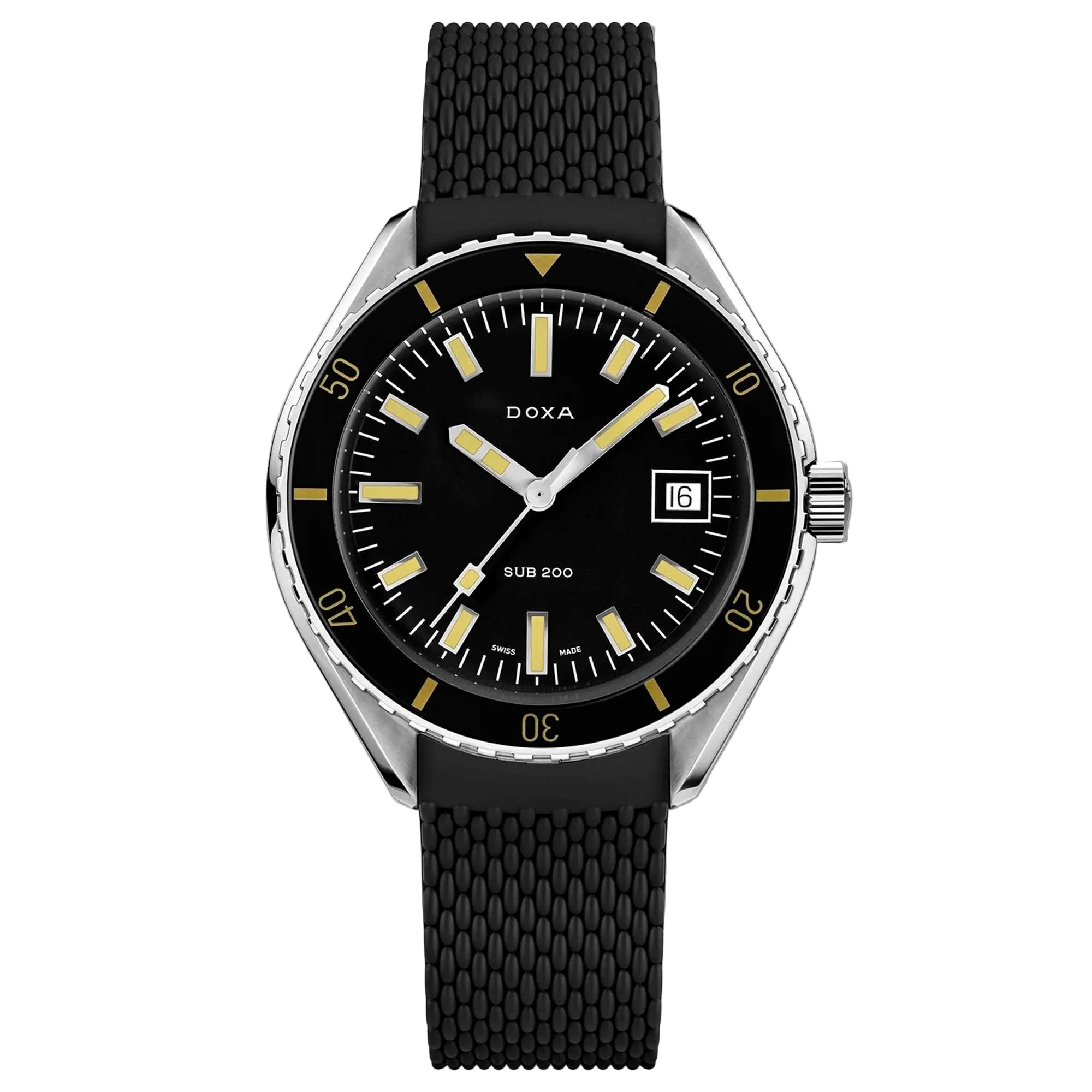 DOXA SUB 200 Sharkhunter 799.10.101.20, a Swiss automatic dive watch defined by monochrome legibility and classic tool watch character.