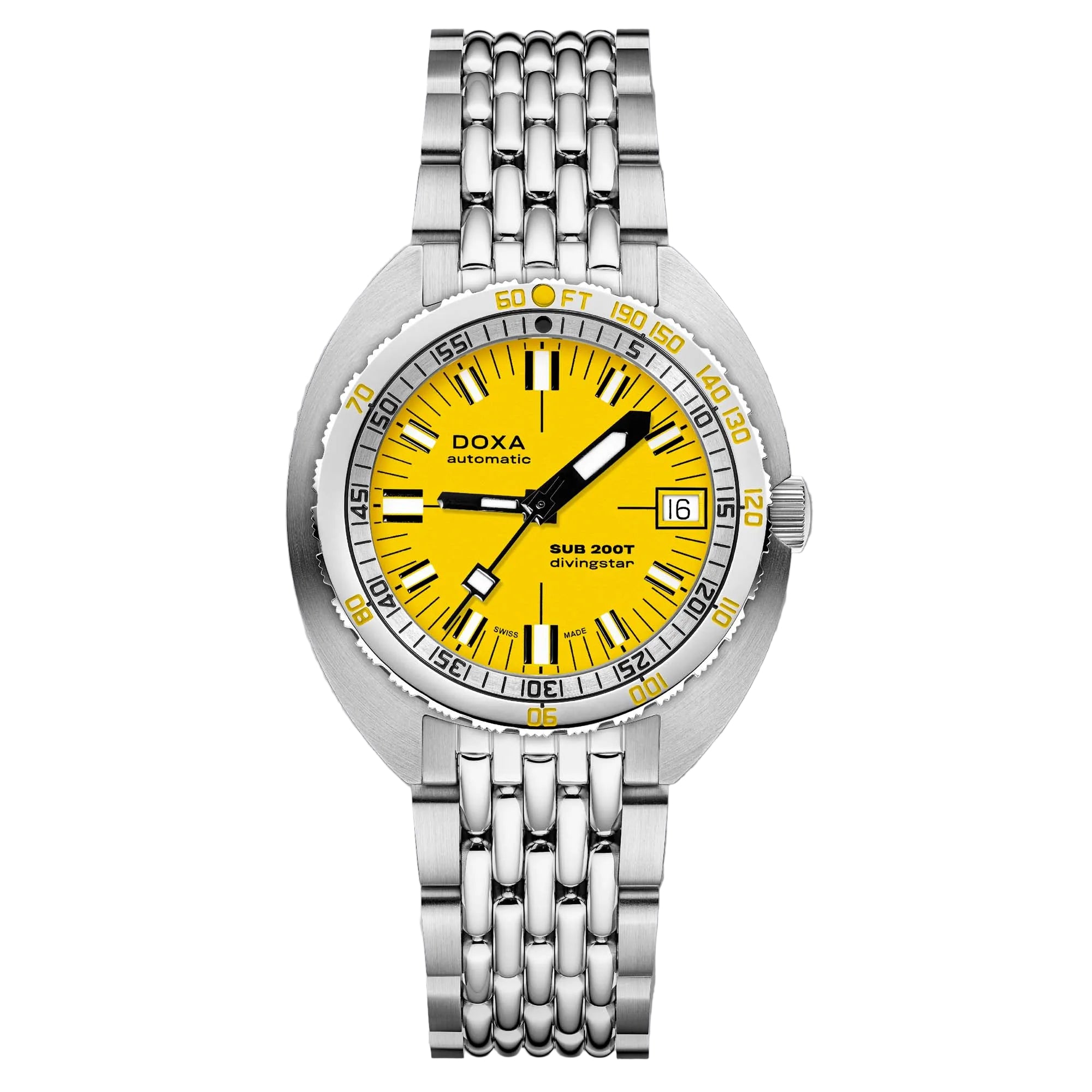 DOXA SUB 200T Divingstar, a professional Swiss dive watch defined by its iconic yellow dial, robust construction, and underwater performance.