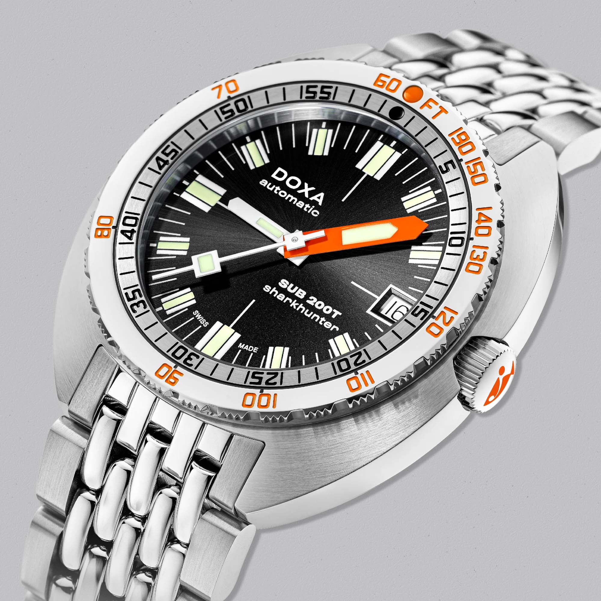 The Doxa SUB 200T Sharkhunter features a striking sunray dial, Swiss automatic movement, and enhanced water resistance in a contemporary dive watch design.