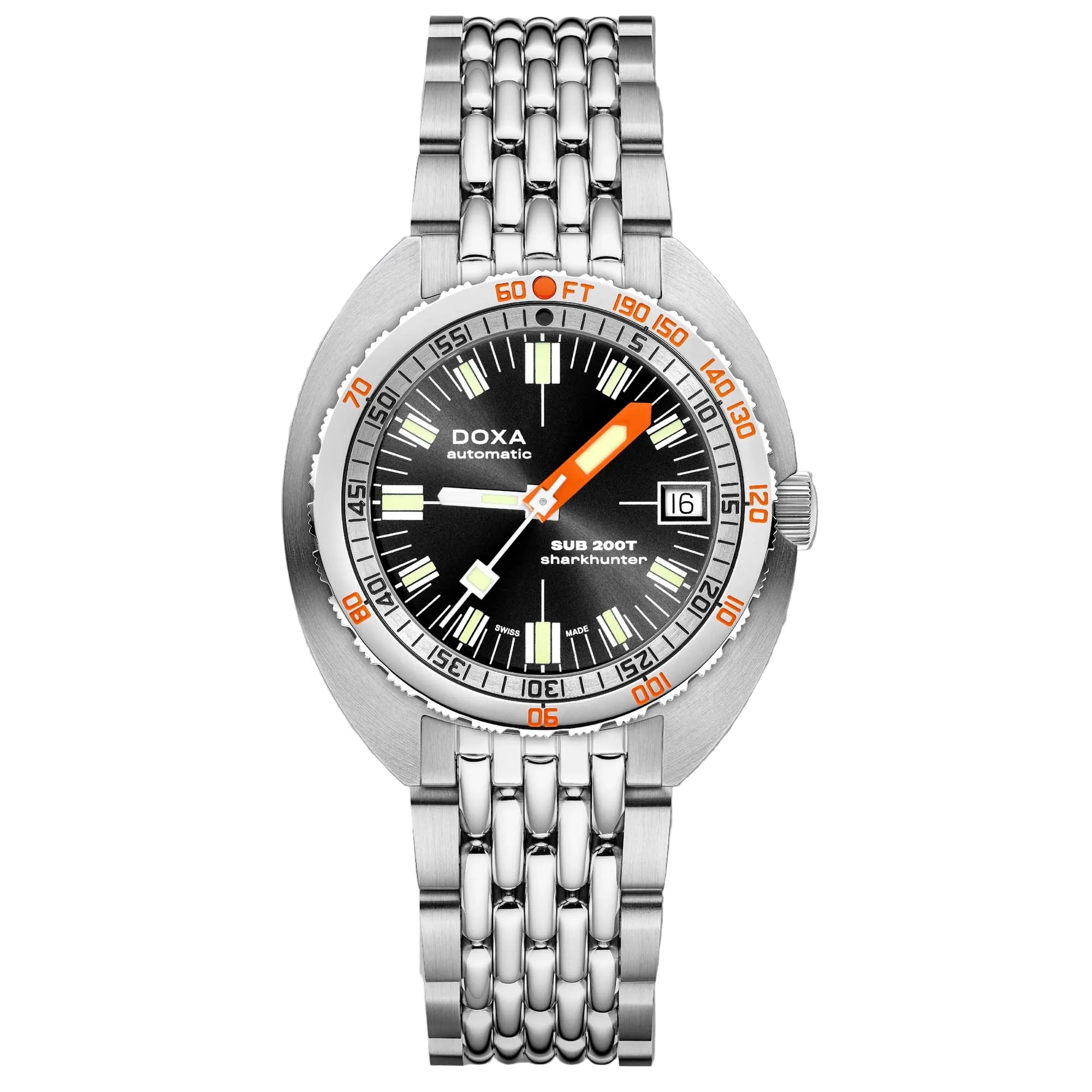 Discover the Doxa SUB 200T Sharkhunter with sunray dial. A modern Swiss automatic dive watch with refined finishing and professional capability.