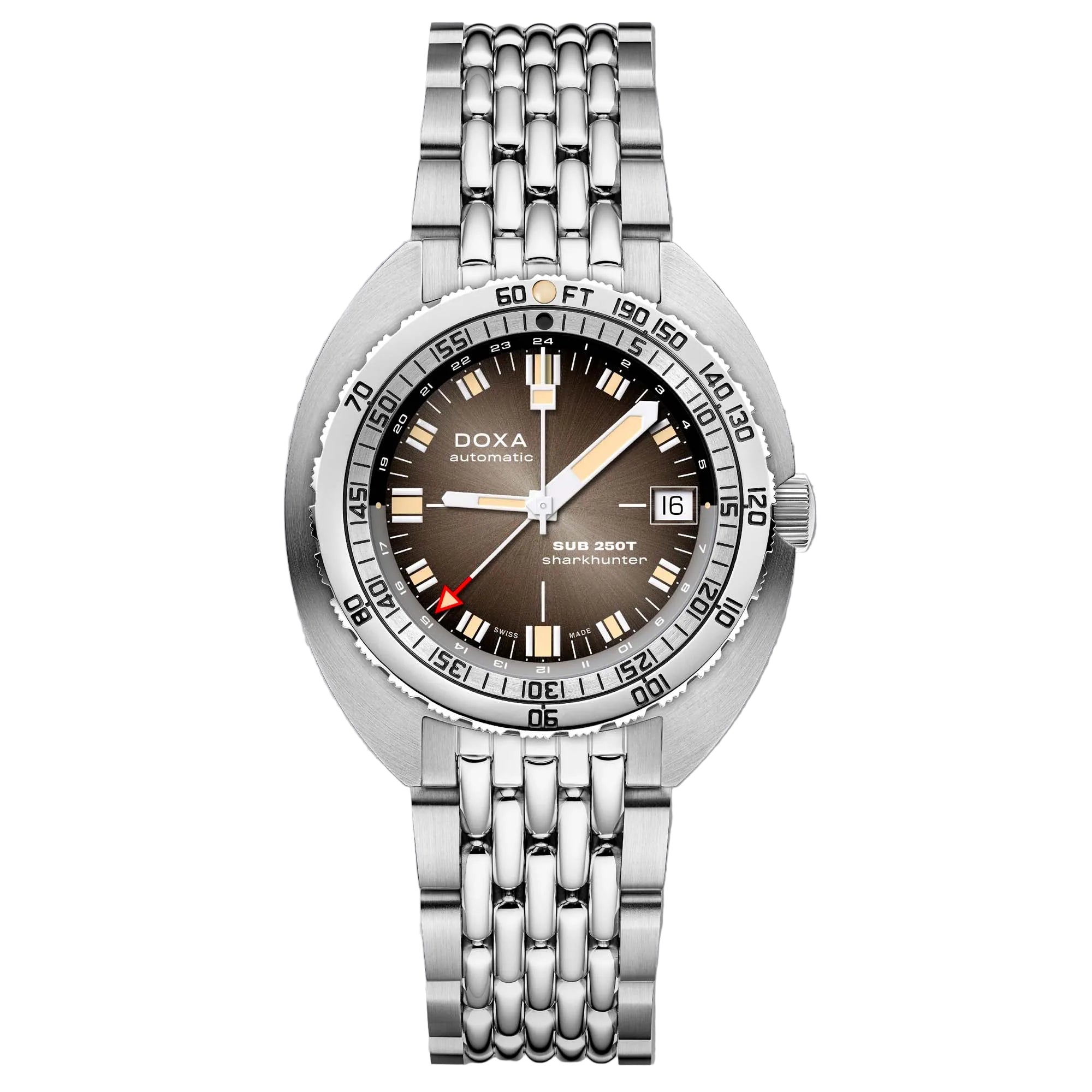 DOXA SUB 250T GMT Sharkhunter Vintage, a Swiss dive watch combining dual time functionality with classic monochrome tool watch design.