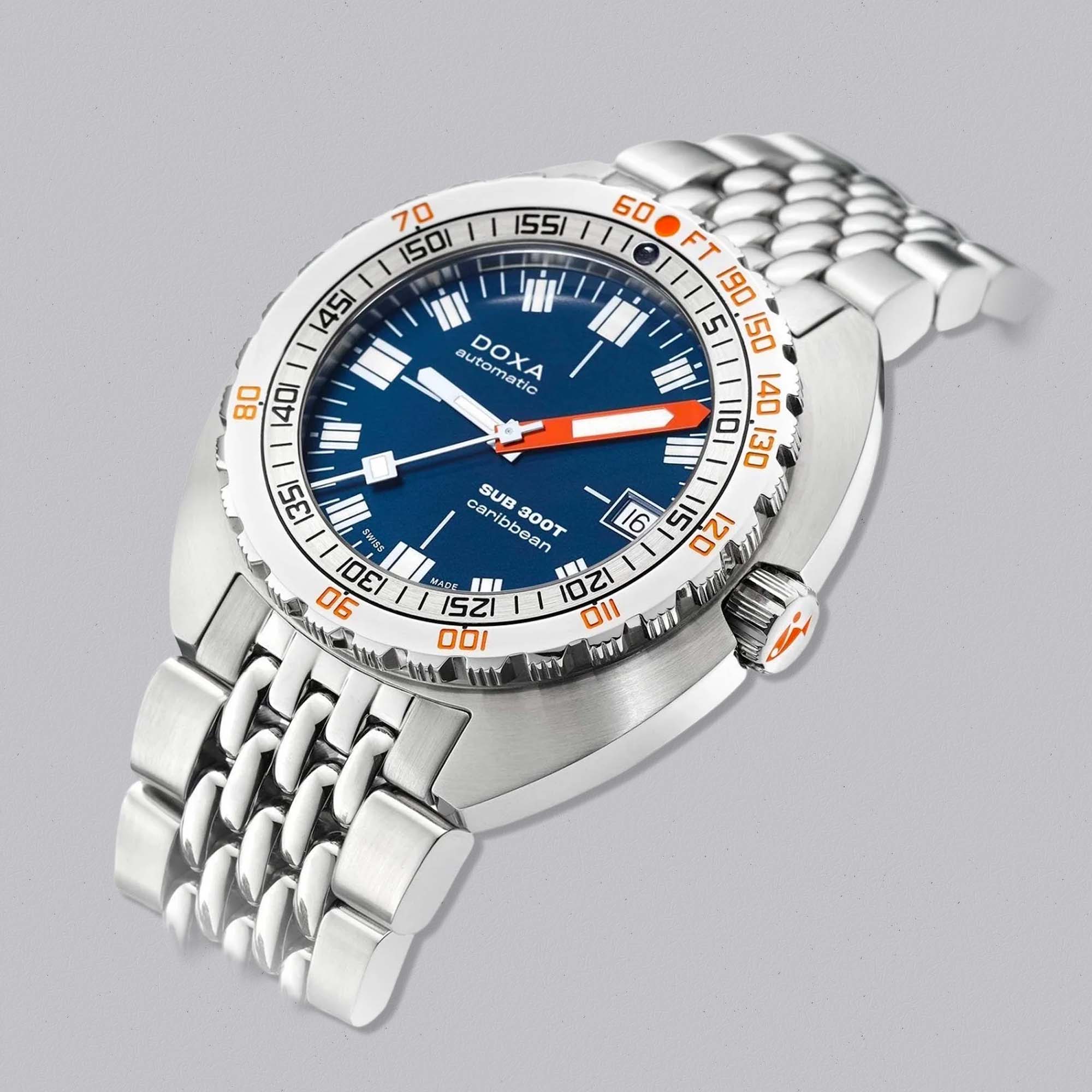 Designed for clarity and durability, the Doxa SUB 300T Caribbean offers a distinctive turquoise dial, solid steel case, and heritage rooted in real-world diving.