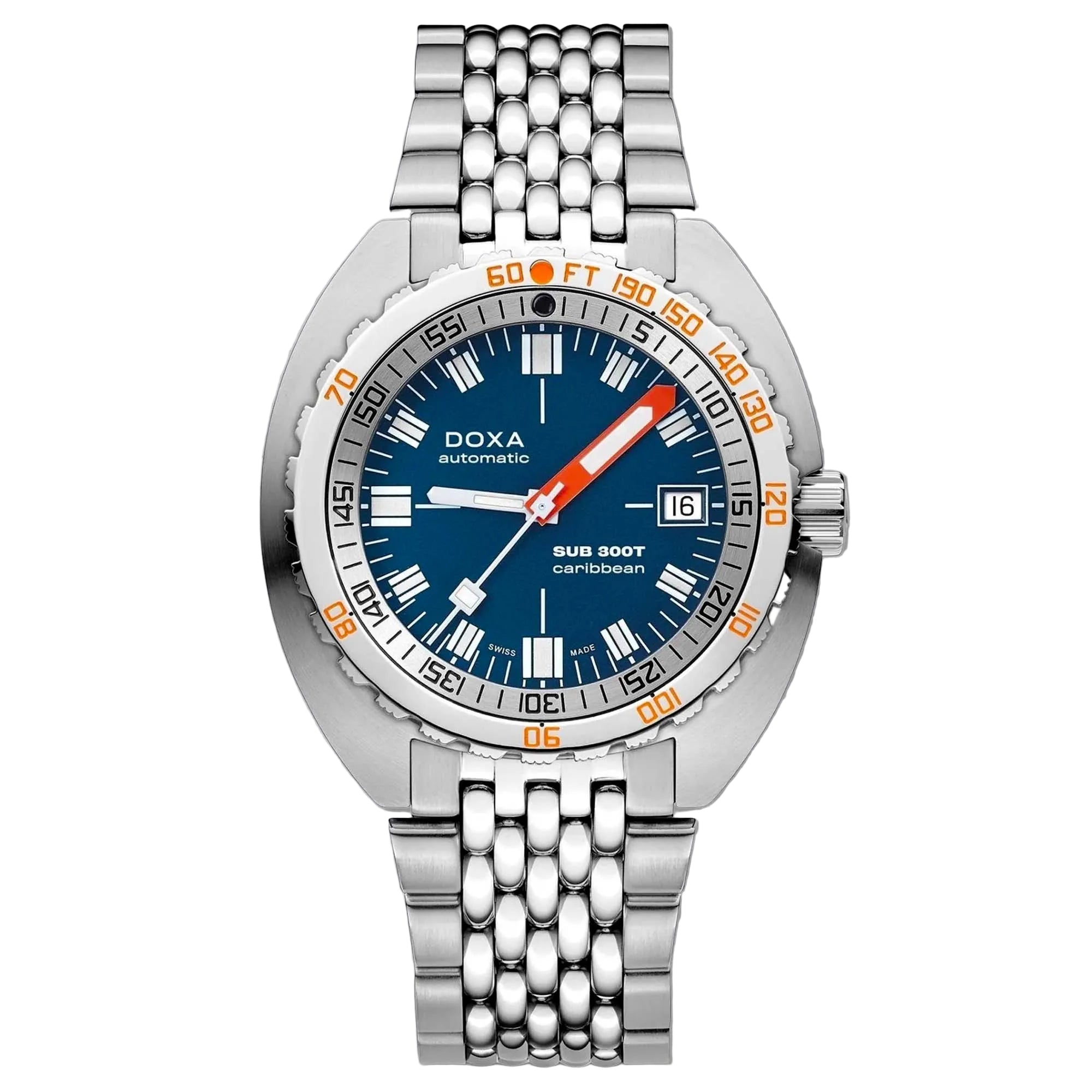 The Doxa SUB 300T Caribbean features the iconic turquoise dial, a professional dive watch case, 300m water resistance, and unmistakable Swiss tool watch heritage.