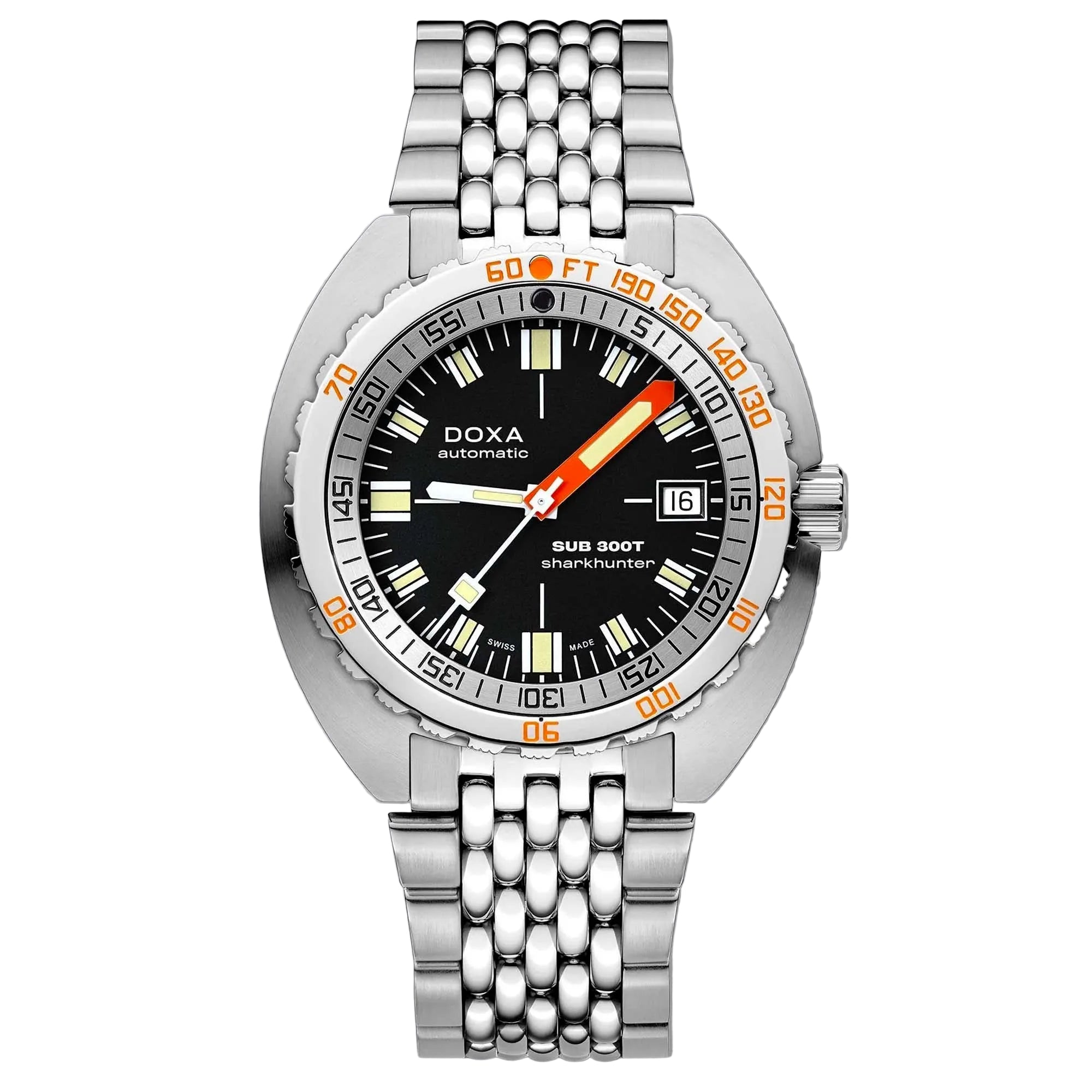 DOXA SUB 300T Sharkhunter 840.10.101.10 – classic black dial, 1,200m water resistance, helium valve, and Swiss automatic precision.