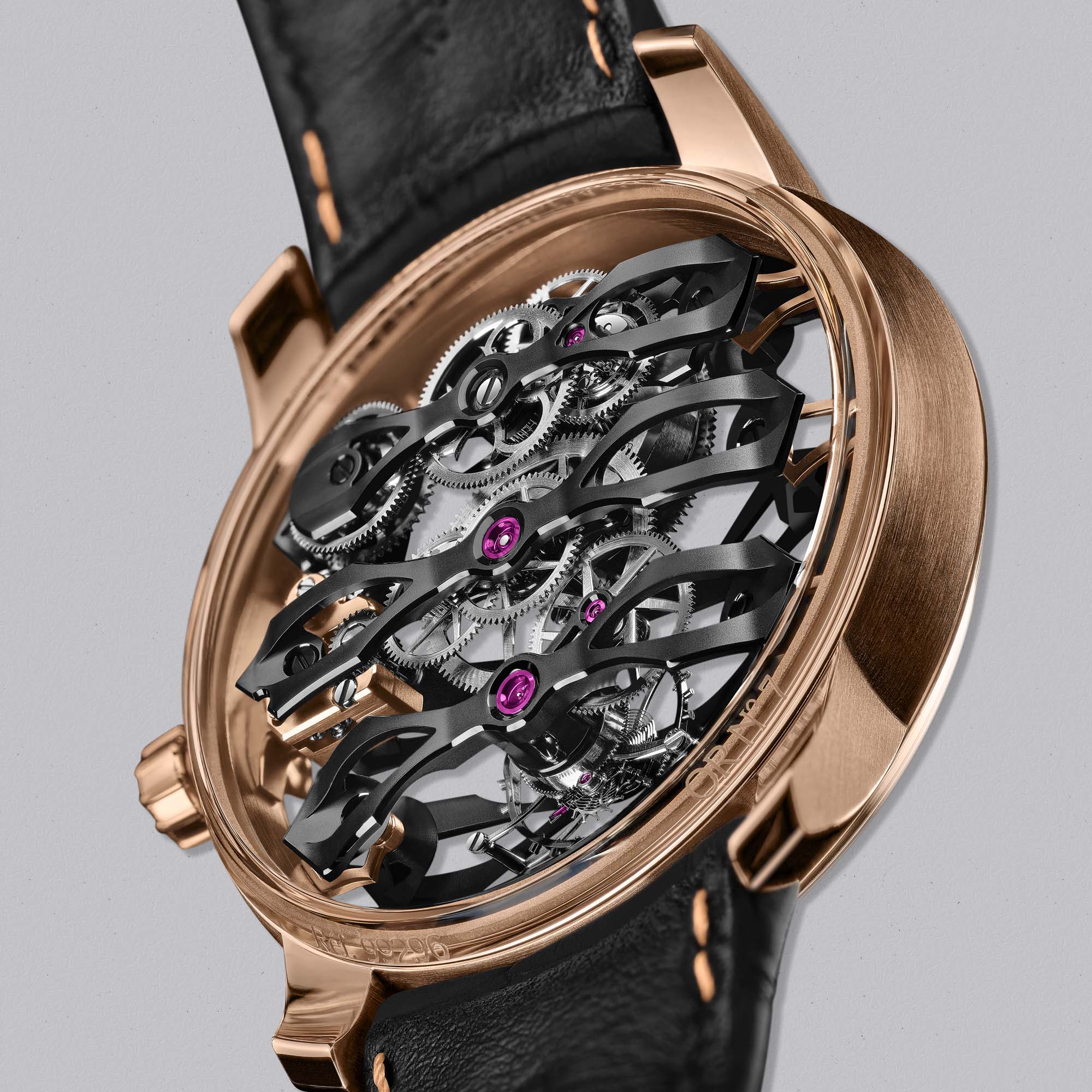 Experience the Girard-Perregaux Tourbillon with Three Flying Bridges 99296-52-3434-5CC. A masterpiece of haute horlogerie featuring floating bridges, skeletonized movement, and flawless symmetry.