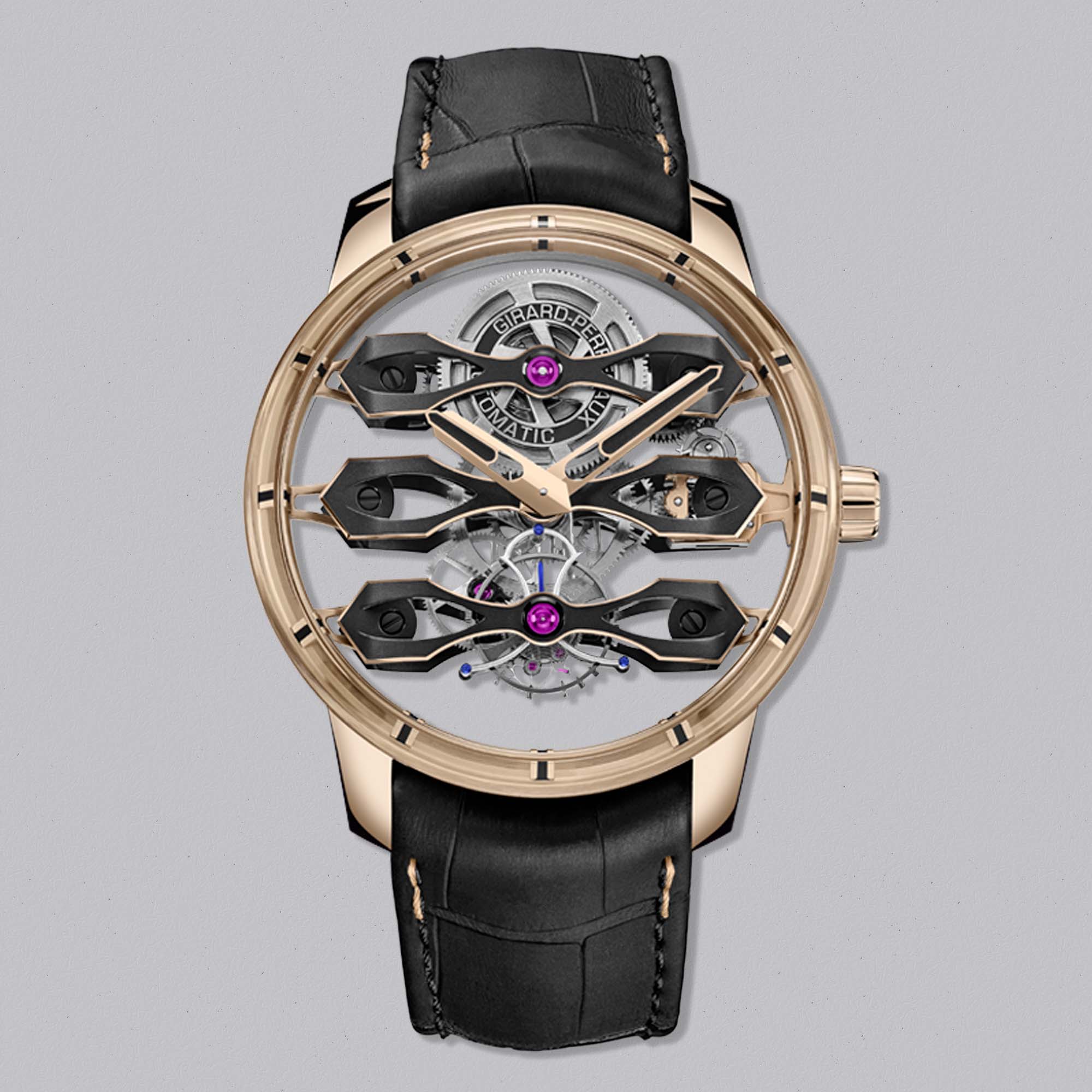 Discover the Girard-Perregaux Tourbillon with Three Flying Bridges 99296-52-3434-5CC—a horological sculpture in rose gold. Transparent architecture and a gravity-defying tourbillon redefine mechanical artistry.