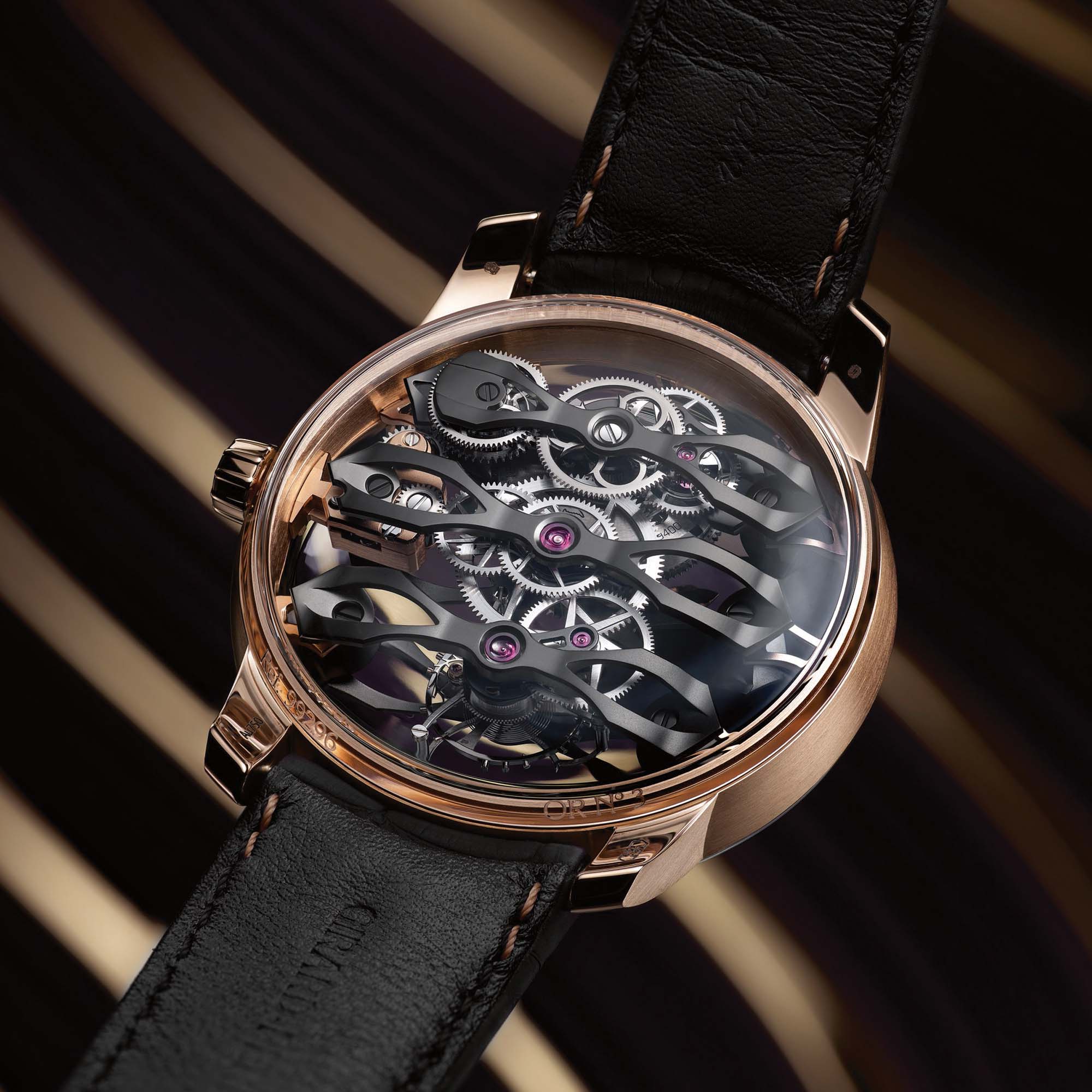 A modern classic: the Tourbillon with Three Flying Bridges 99296-52-3434-5CC by Girard-Perregaux. Skeletonized design, flying bridges, and technical poetry in motion—all encased in rose gold