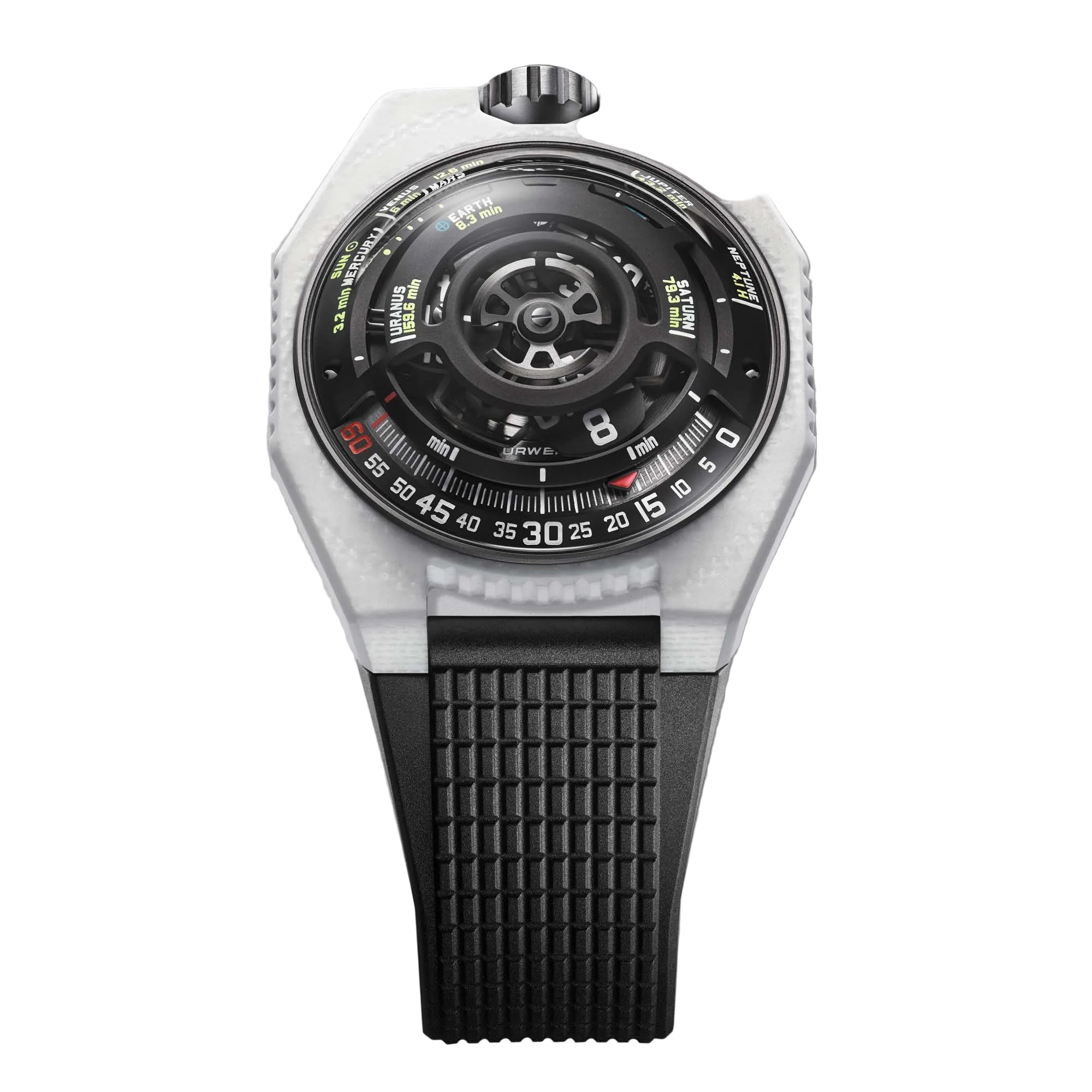 URWERK UR-100V LightSpeed Ceramic in proprietary white ceramic composite. A conceptual satellite hour watch limited to just 15 pieces.