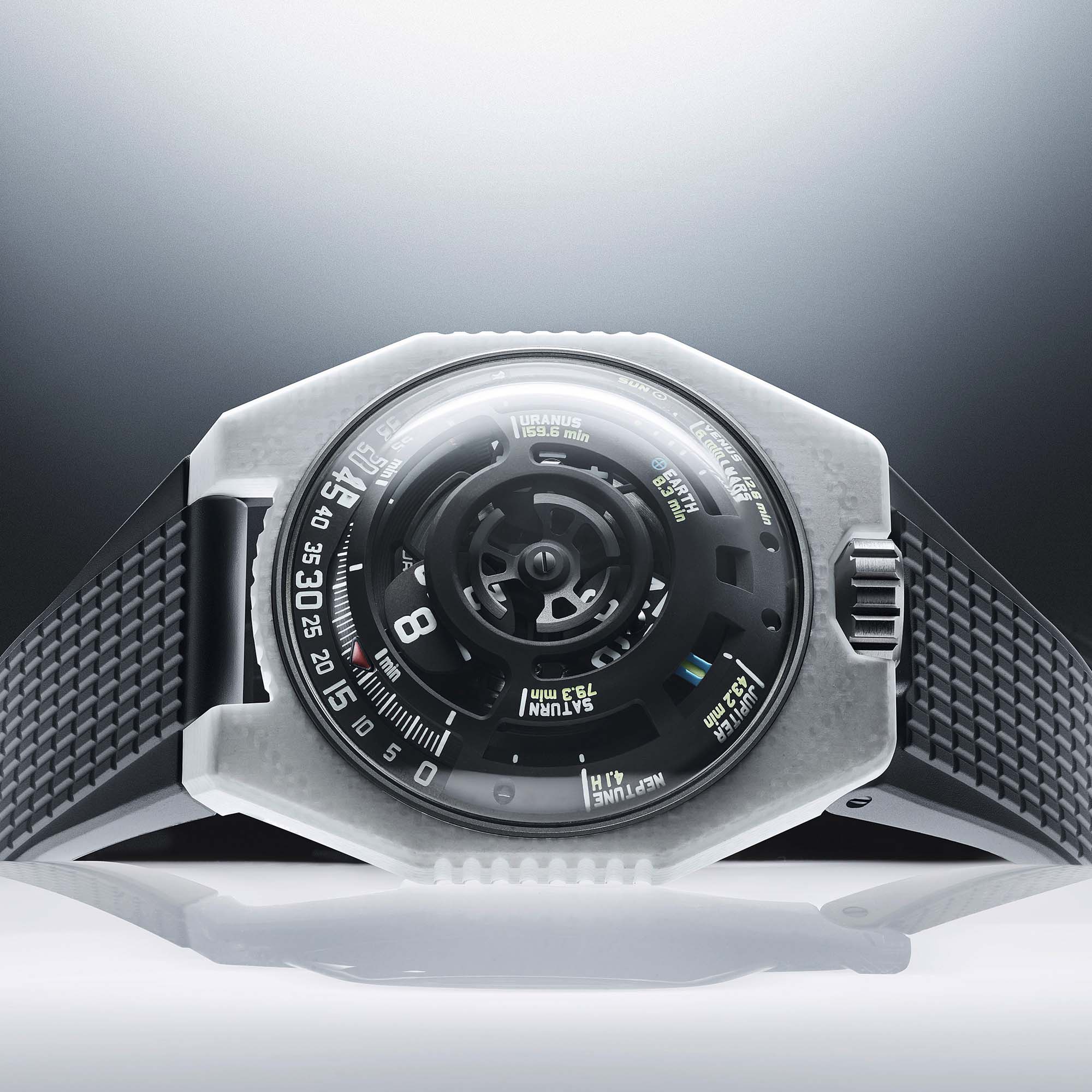 URWERK LightSpeed Ceramic chronograph-free satellite watch powered by calibre UR 12.02. Limited edition of 15 pieces.