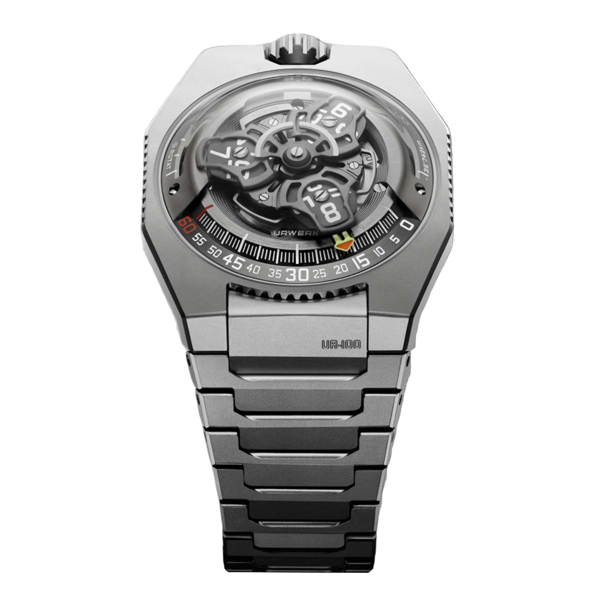 Discover the URWERK UR 100V Magic T in titanium, featuring wandering hours, planetary distance indicators, and a fully integrated titanium bracelet. Available at Swiss Gallery UK.