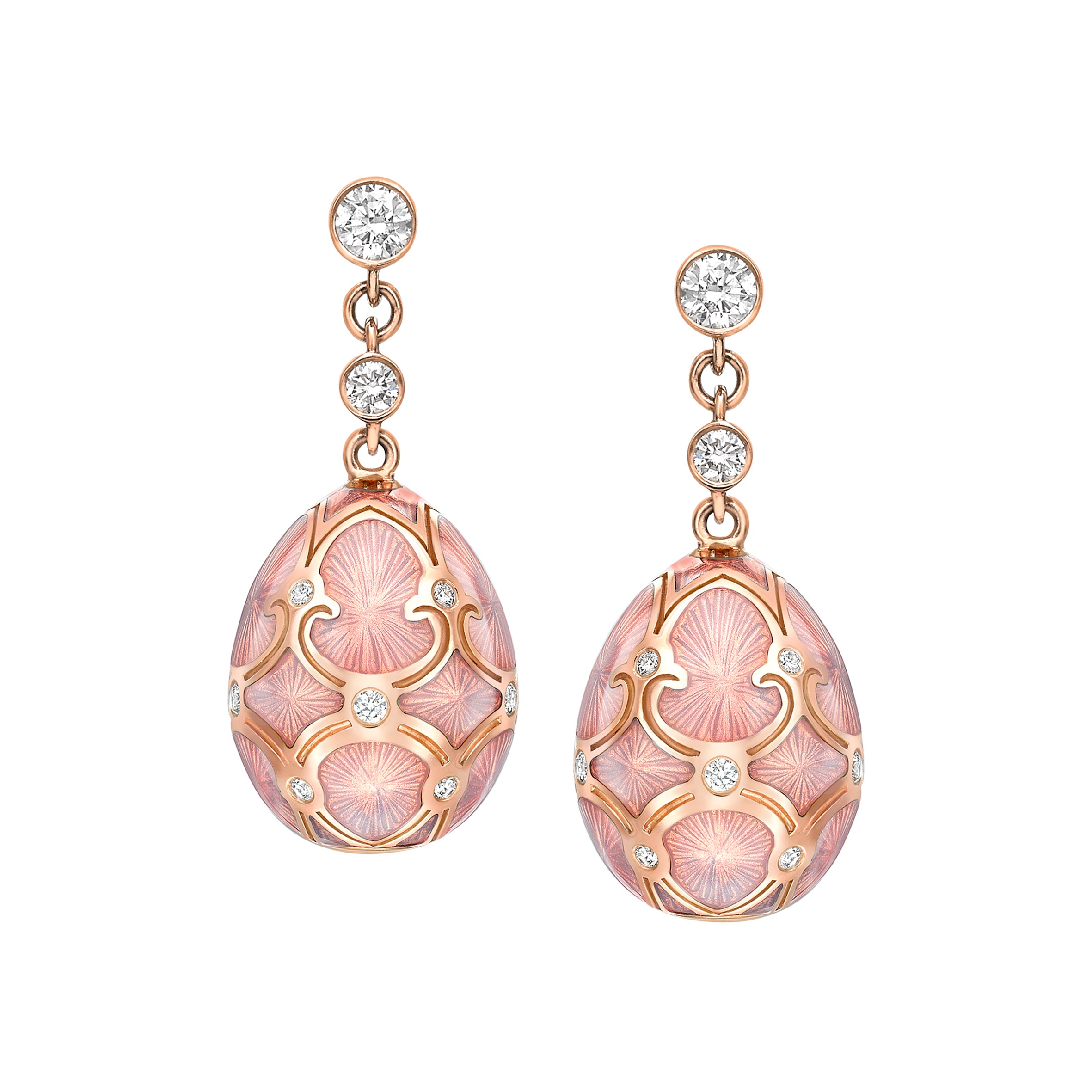 Heritage Rose Gold Diamond & Pink Guilloché Enamel Egg Drop Earrings
