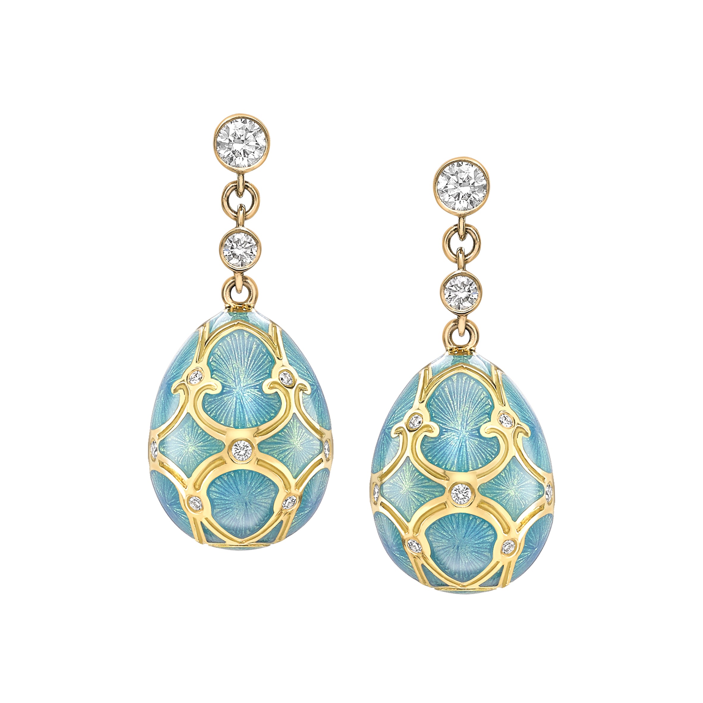 Heritage Yellow Gold Diamond & Turquoise Guilloché Enamel Egg Drop Earrings