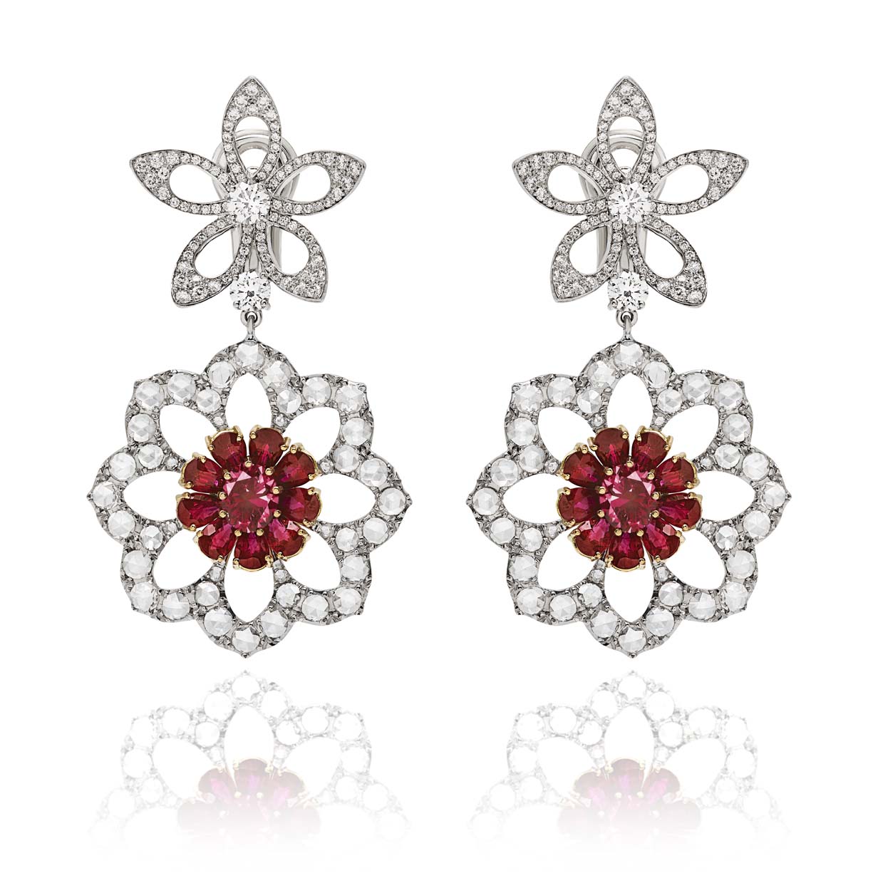 527b-eden-pair-of-earrings-in-white-gold-with-an-oval-pair-of-rubies-2,02-ct,-pear-shape-rubies-4,29-ct,-white-round-rosecut-diamonds-2,52-ct-and-white-fullcut-diamonds-2,21-ct