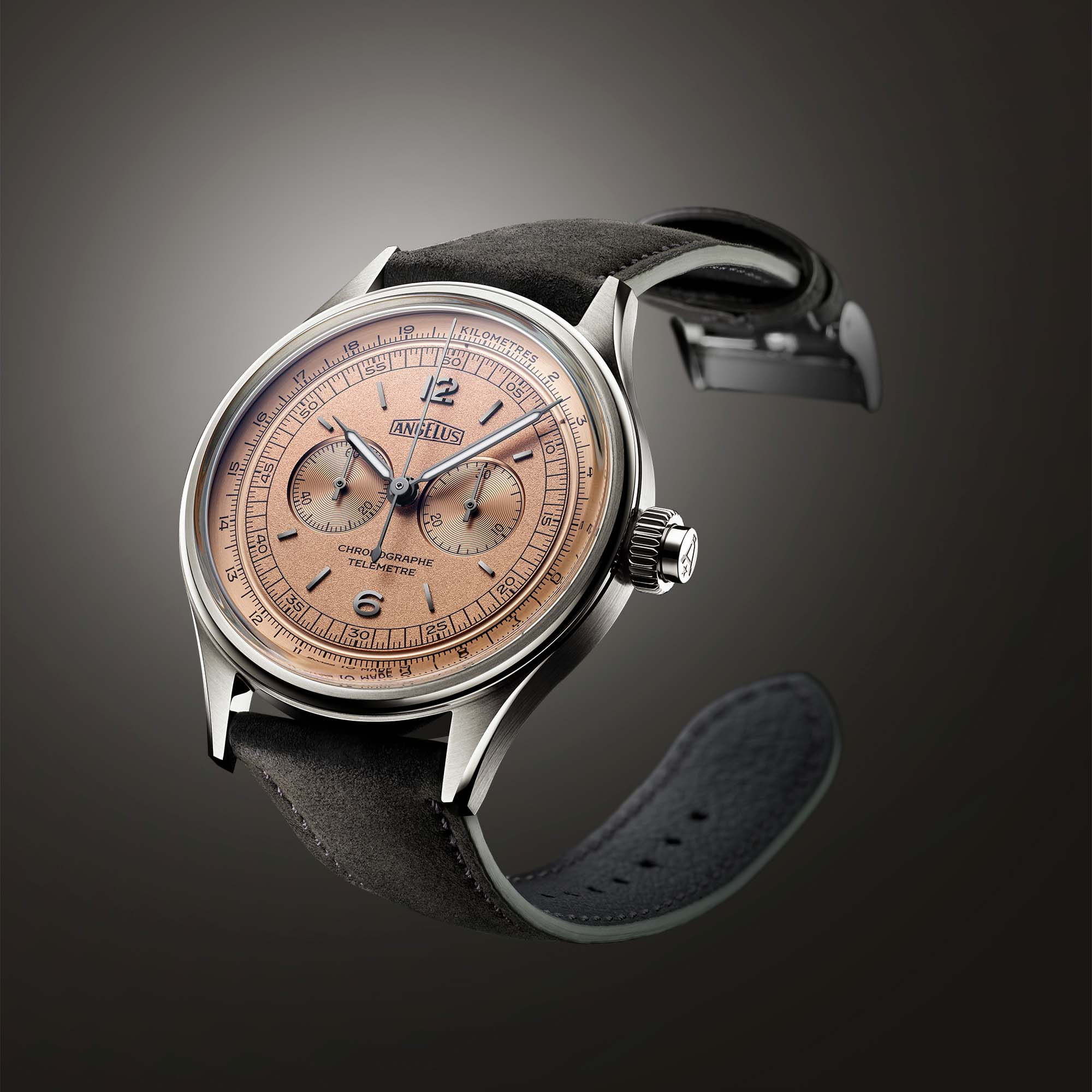 The Angelus Chronographe Télémetre Steel Rose Limited Edition of 25 unites classic telemeter function with refined Swiss watchmaking.