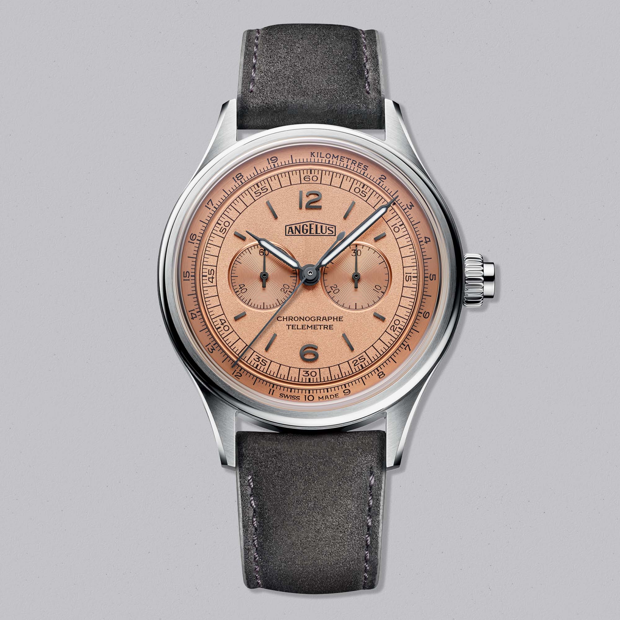 Angelus Chronographe Télémetre Steel Rose, a rare limited edition of 25 pieces, blending vintage chronograph design with modern craftsmanship.