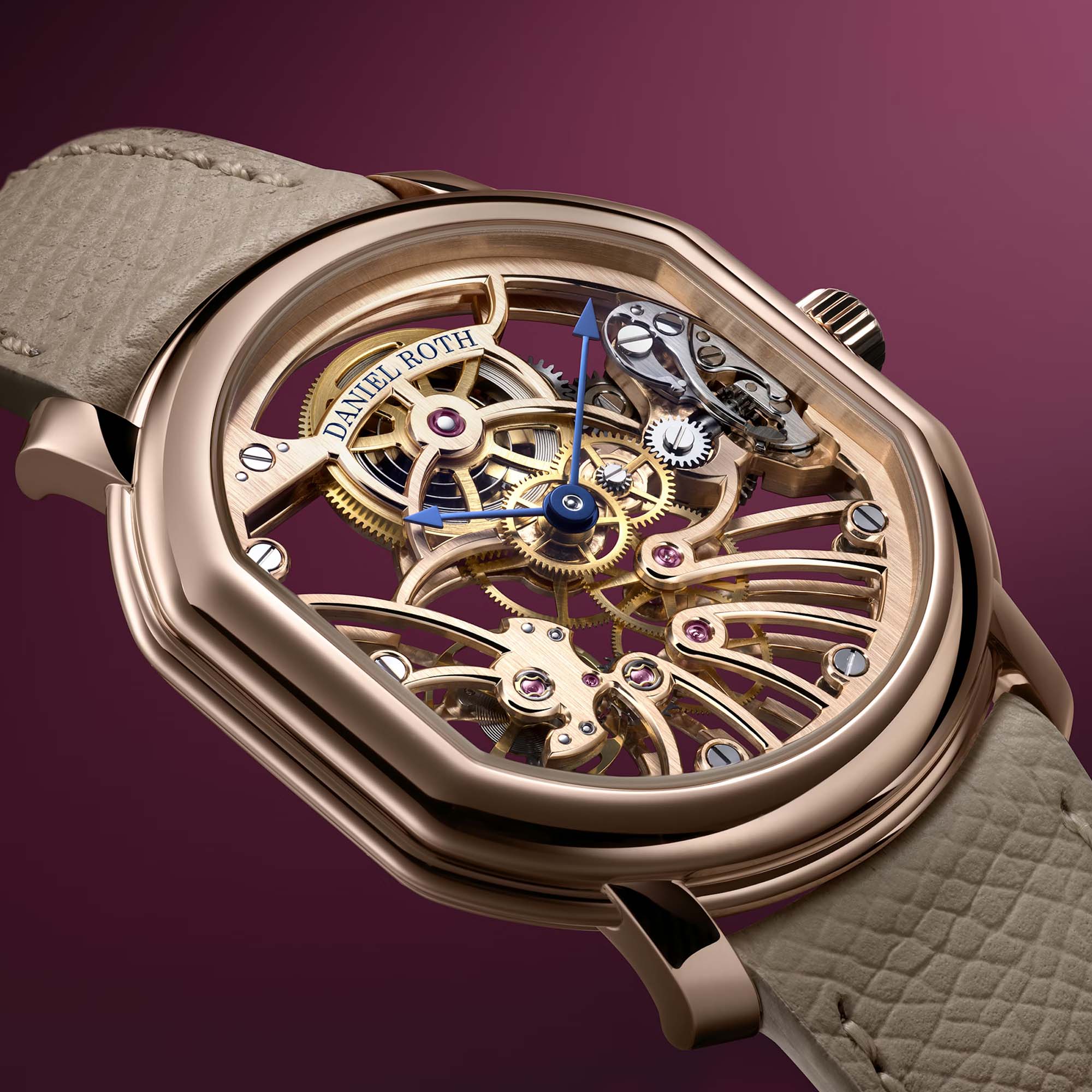 A study in lightness and form, the Daniel Roth Extra Plat Skeleton in rose gold pairs an ultra thin profile with a fully openworked movement, offering a clear view of haute horlogerie finishing and balance.