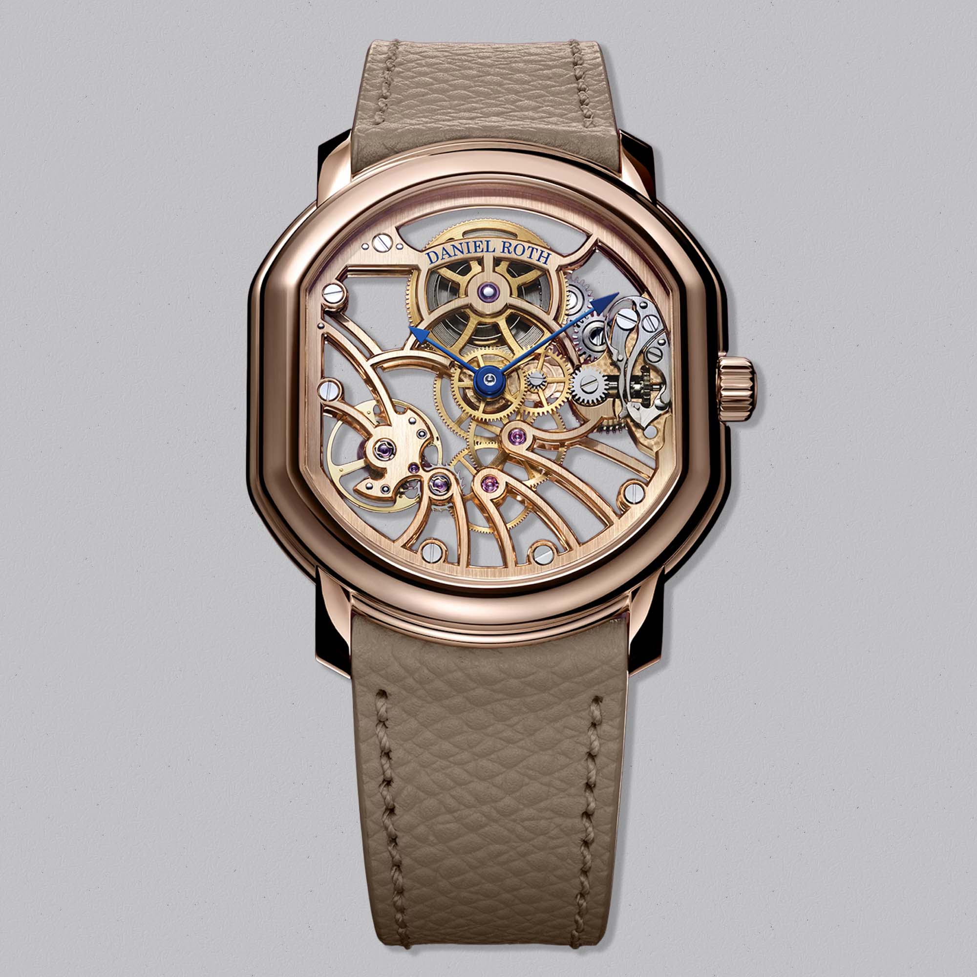 Ultra thin rose gold elegance from Daniel Roth. The Extra Plat Skeleton DBBD01A1 reveals hand finished movement architecture in a refined double ellipse case, combining horological purity with contemporary transparency.