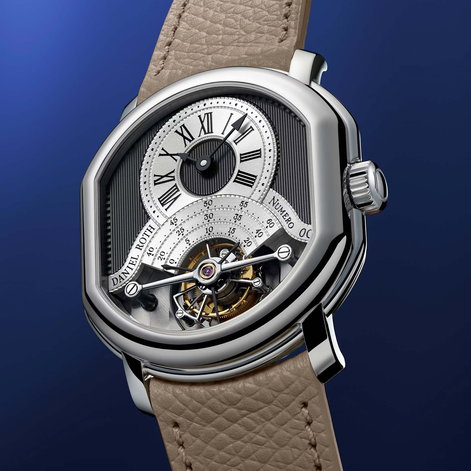 Explore the Daniel Roth Tourbillon Platinum, shaped in precious platinum with a hand engraved pinstripe dial and a movement finished to haute horlogerie standards.