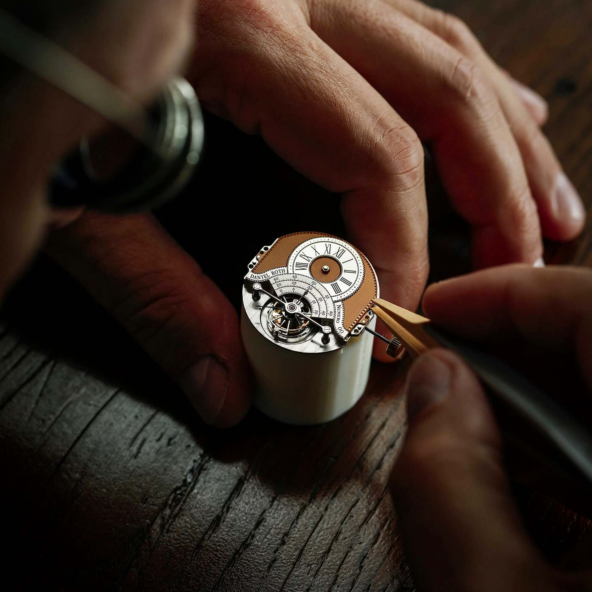 A refined tribute to classic watchmaking, the Daniel Roth Tourbillon Rose Gold unites a solid rose gold guilloché dial with the beautifully decorated DR001 movement.