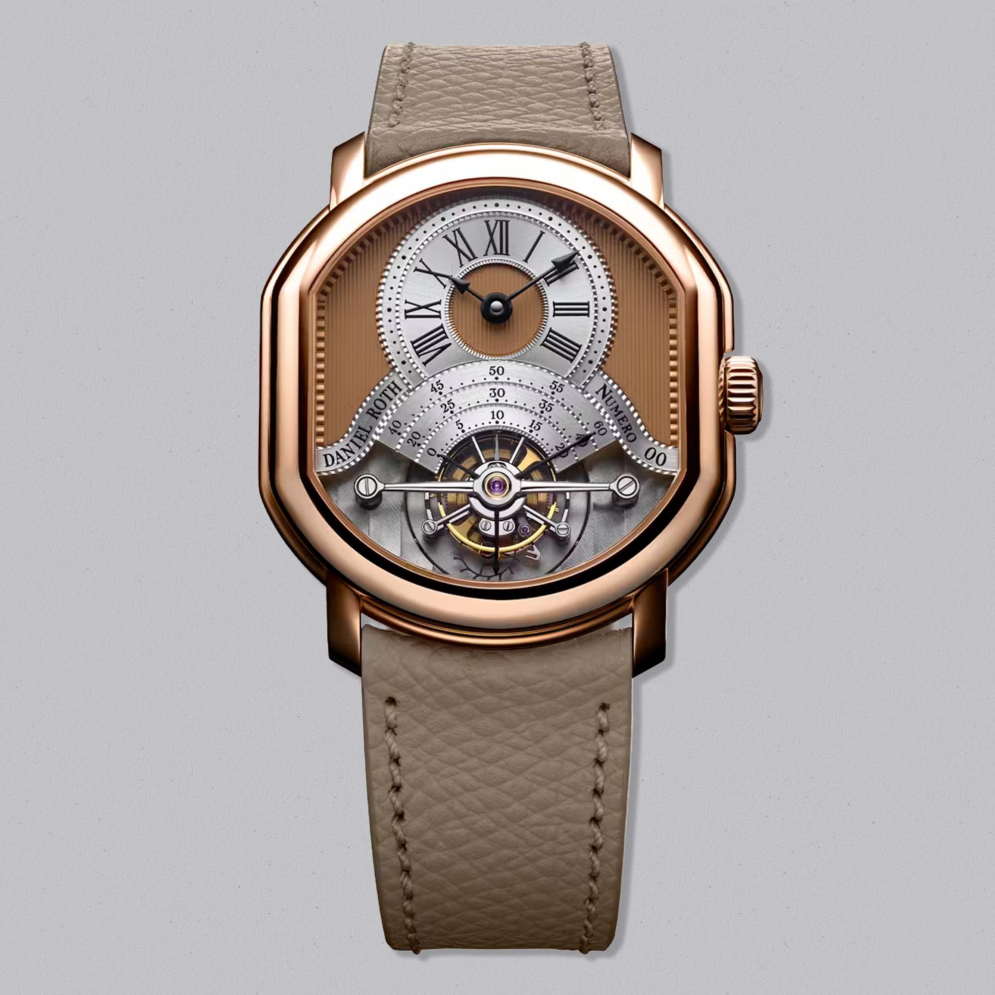 Discover the Daniel Roth Tourbillon Rose Gold with a solid rose gold guilloché dial crafted with Kari Voutilainen and the beautifully finished DR001 calibre.
