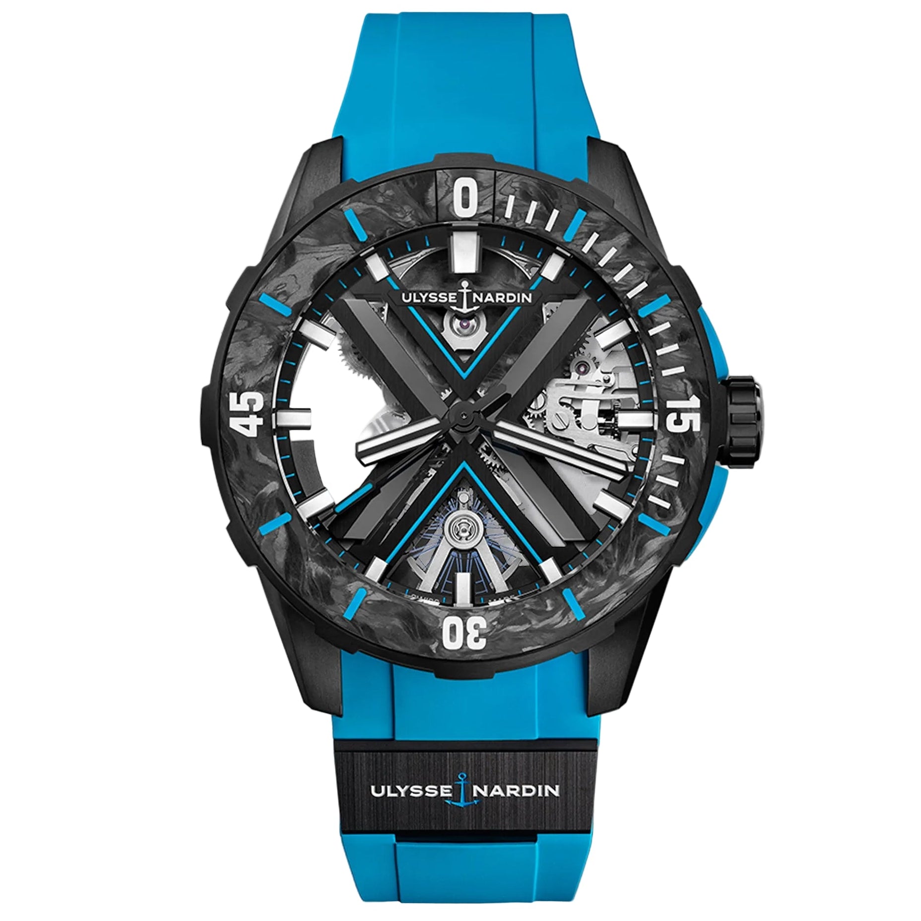 Ulysse Nardin Diver X Skeleton Azure 44mm, a bold skeletonised diver’s watch combining titanium strength with striking azure blue accents.