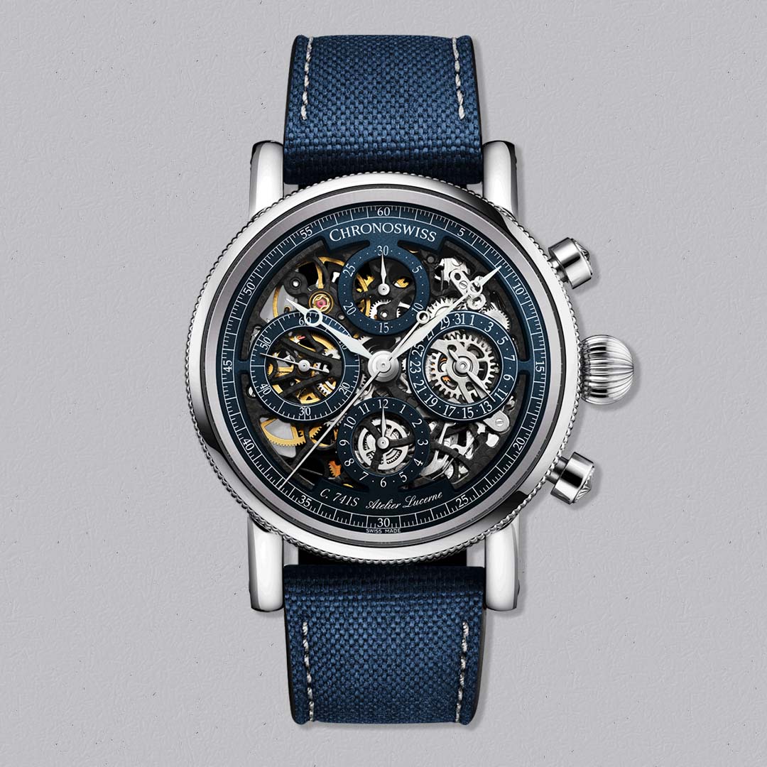 Chronoswiss Evolution Opus Chronograph Opus Titanium with skeletonised dial, blue accents and Grade 5 titanium case.