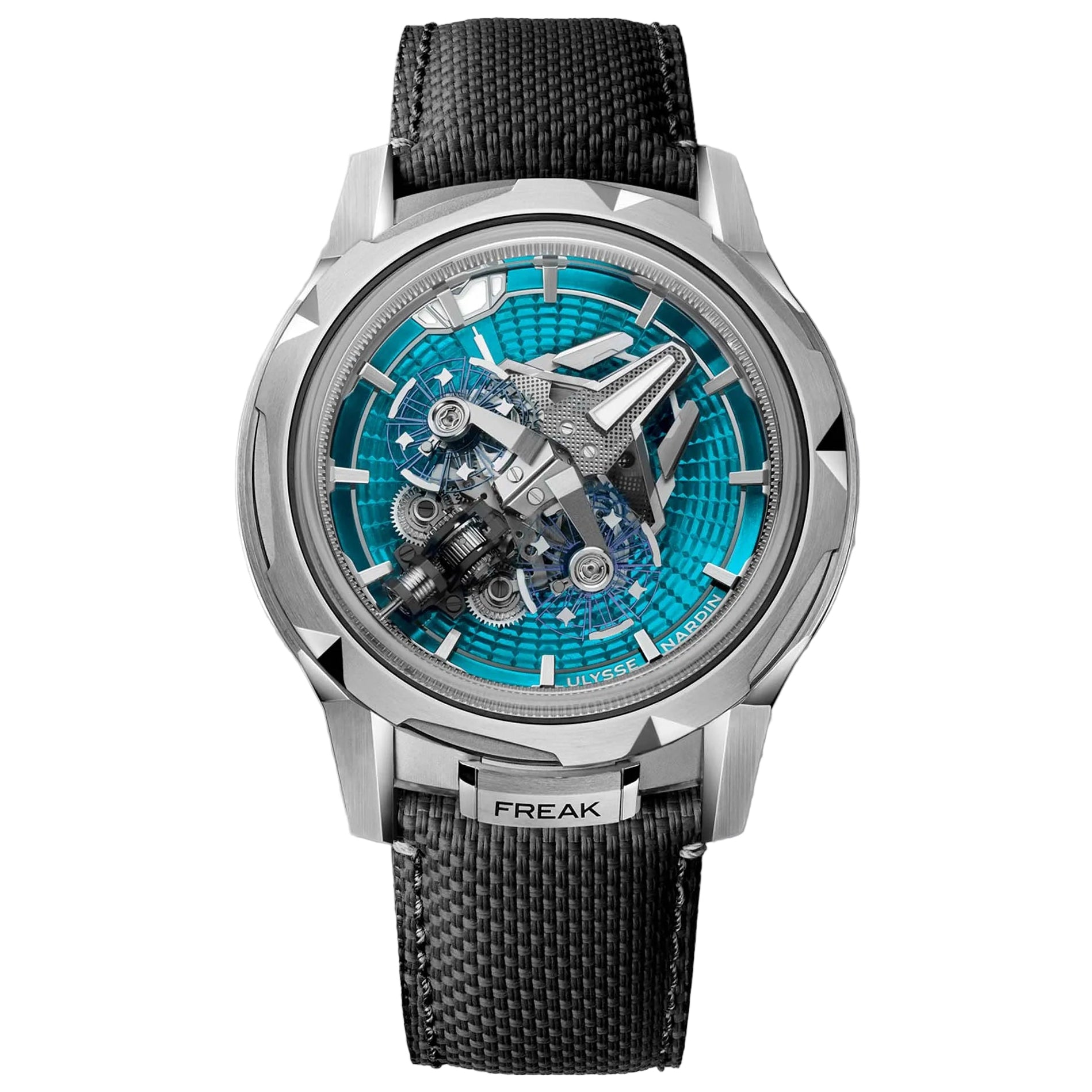 	The Ulysse Nardin Freak S Enamel Blue fuses cutting-edge mechanics with ocean-blue enamel artistry, featuring twin oscillators in celestial motion.