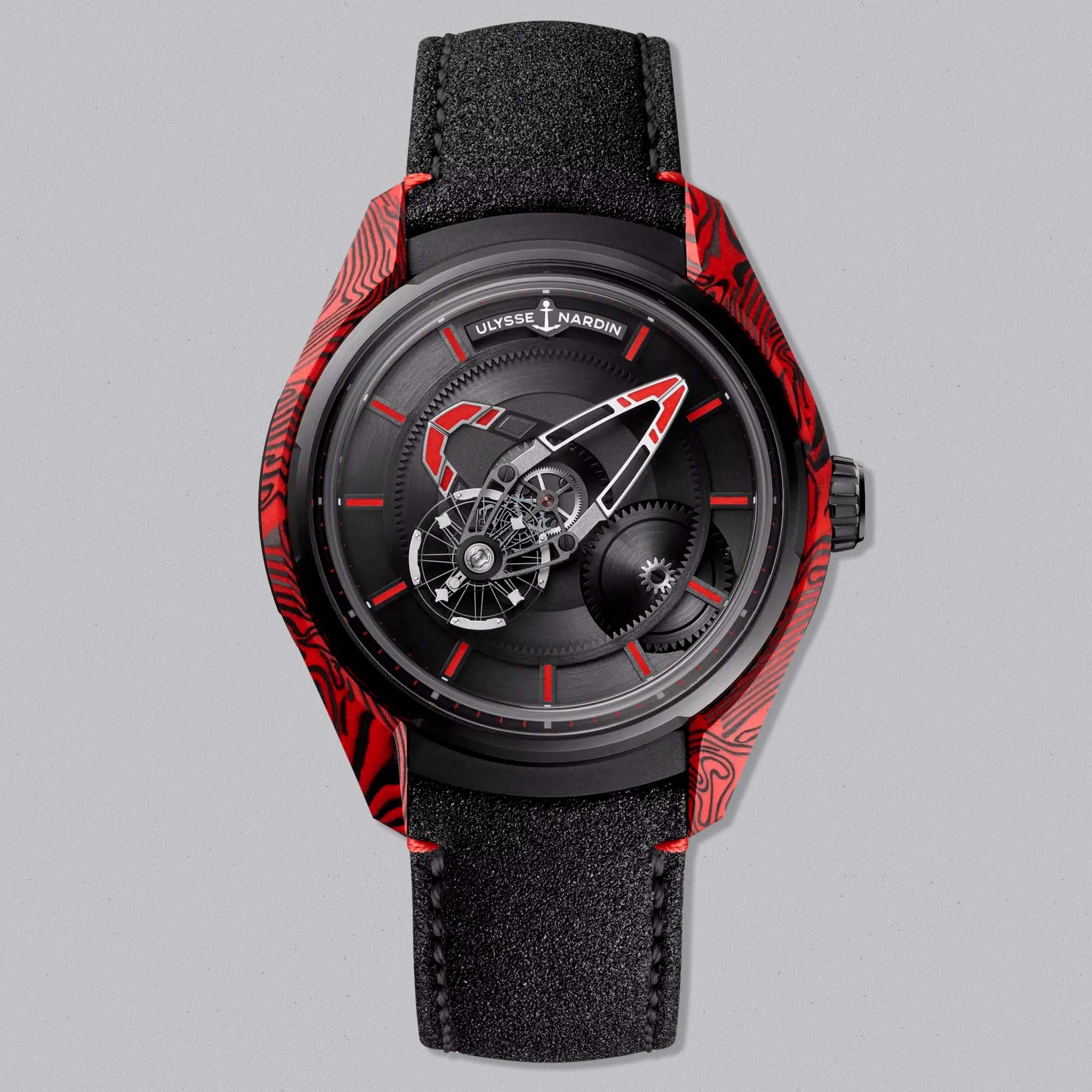 Buy the Ulysse Nardin Freak X Magma Carbon 43mm online at Swiss Gallery UK. Lightweight carbon, red resin and avant-garde design in a radical timepiece.