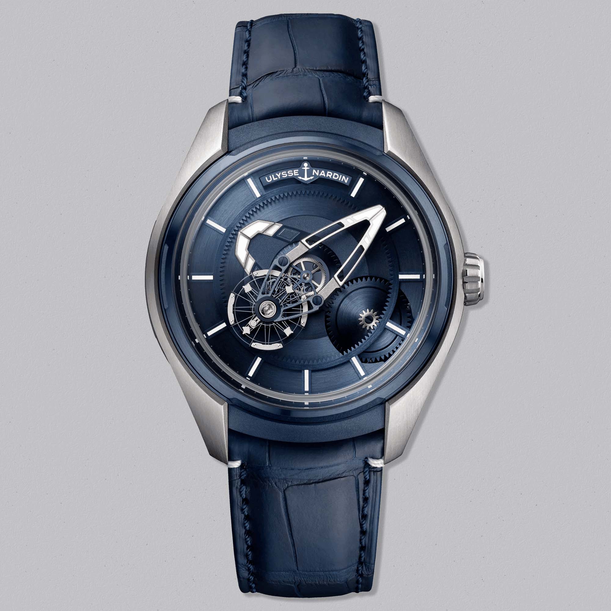 Ulysse Nardin FREAK X Titanium Blue 2303-270/03, featuring the iconic carousel movement and futuristic design in lightweight titanium.
	2.	