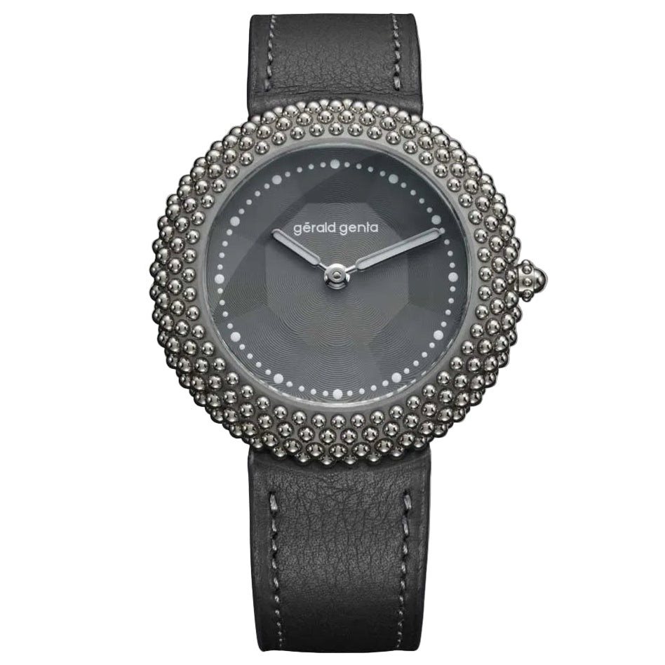 Discover the Gerald Genta Gentissima Oursin 36 Anthracite, a sculptural white gold luxury watch available in London at Swiss Gallery.