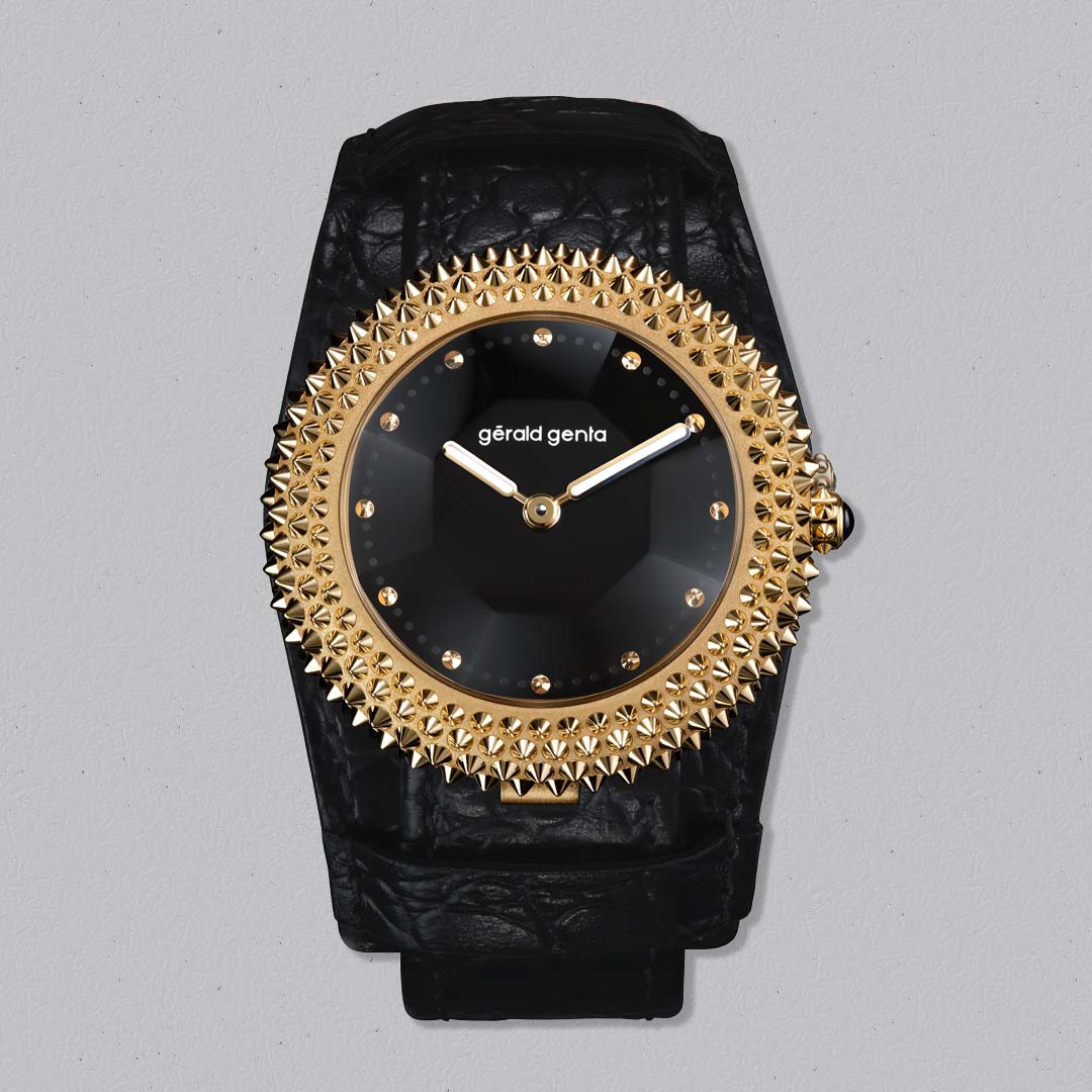 Discover the Gerald Genta Gentissima Oursin 36 Black Onyx, a bold Swiss luxury watch with sculptural white gold design, available in London.