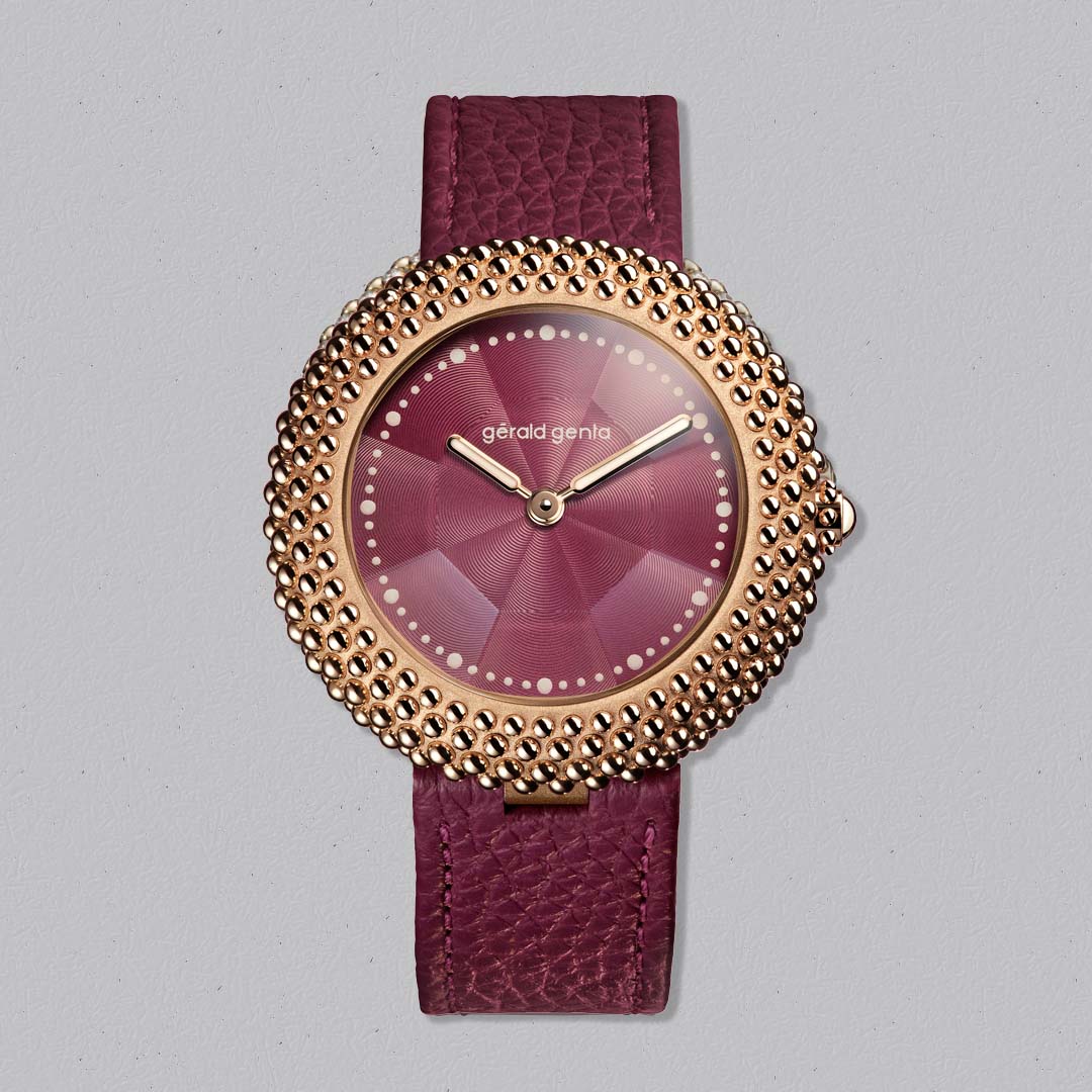 Discover the Gerald Genta Gentissima Oursin 36 Burgundy, a refined Swiss luxury watch with sculptural design, available in London.