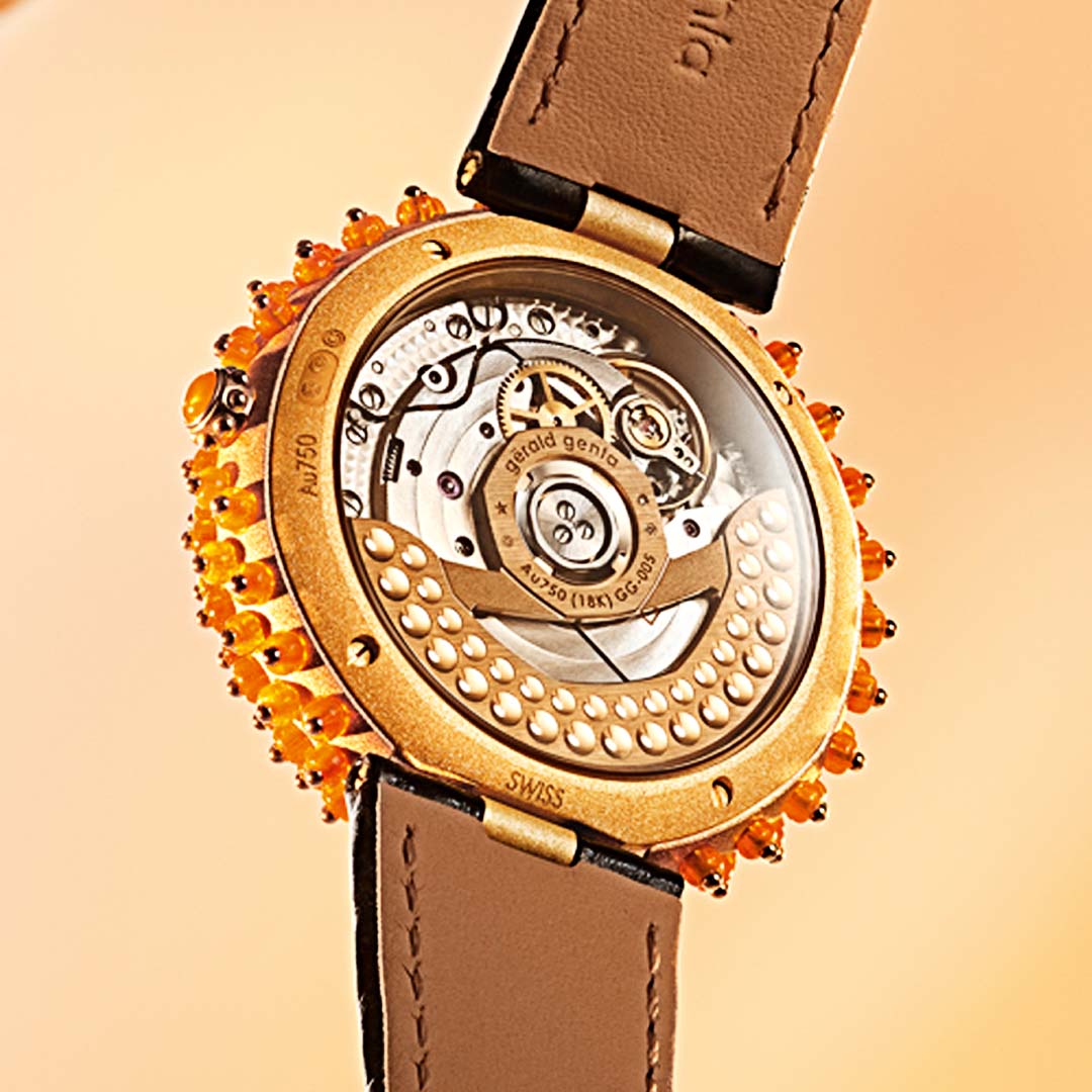The Gentissima Oursin 36 Fire Opal by Gerald Genta pairs a natural fire opal dial with white gold design. Limited to 10.