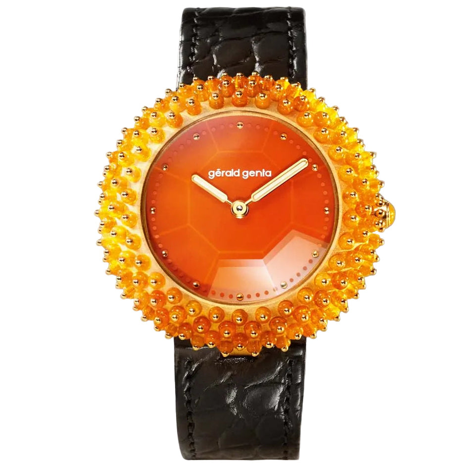 Discover the Gerald Genta Gentissima Oursin 36 Fire Opal, a rare Swiss luxury watch limited to 10 pieces, available in London.