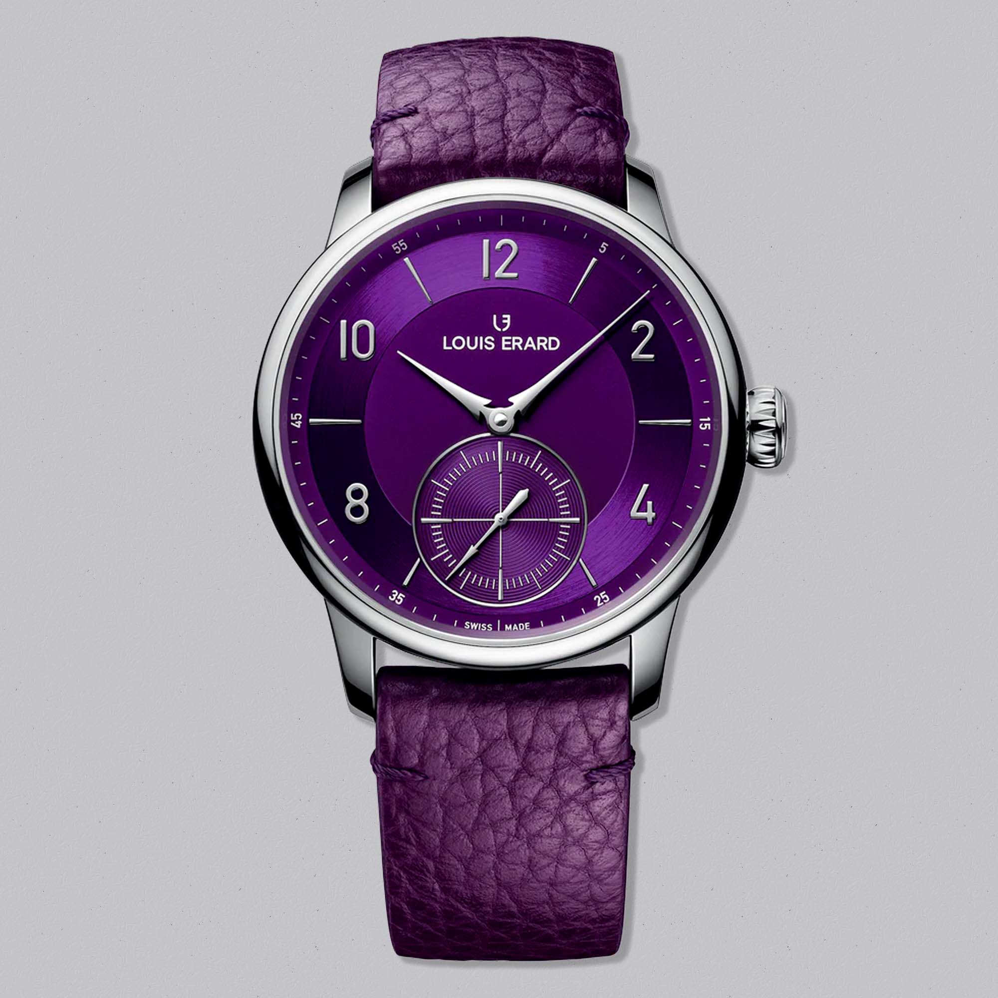 Louis Erard Petite Seconde Violette pairs vivid purple tones with refined Swiss mechanics. A striking small seconds watch for modern collectors.