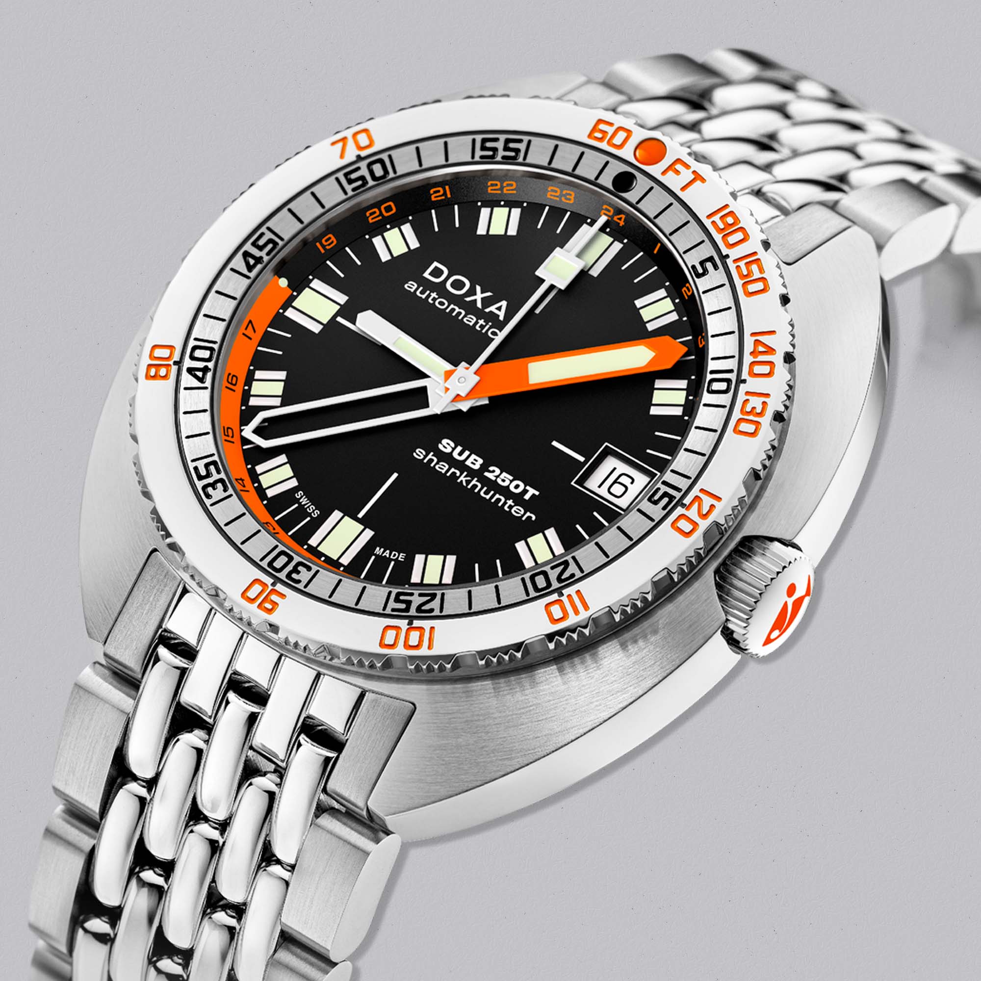 Discover the DOXA SUB 250T GMT Sharkhunter, a bold black-dial diver with 24-hour GMT scale, Swiss precision, and rugged underwater heritage.