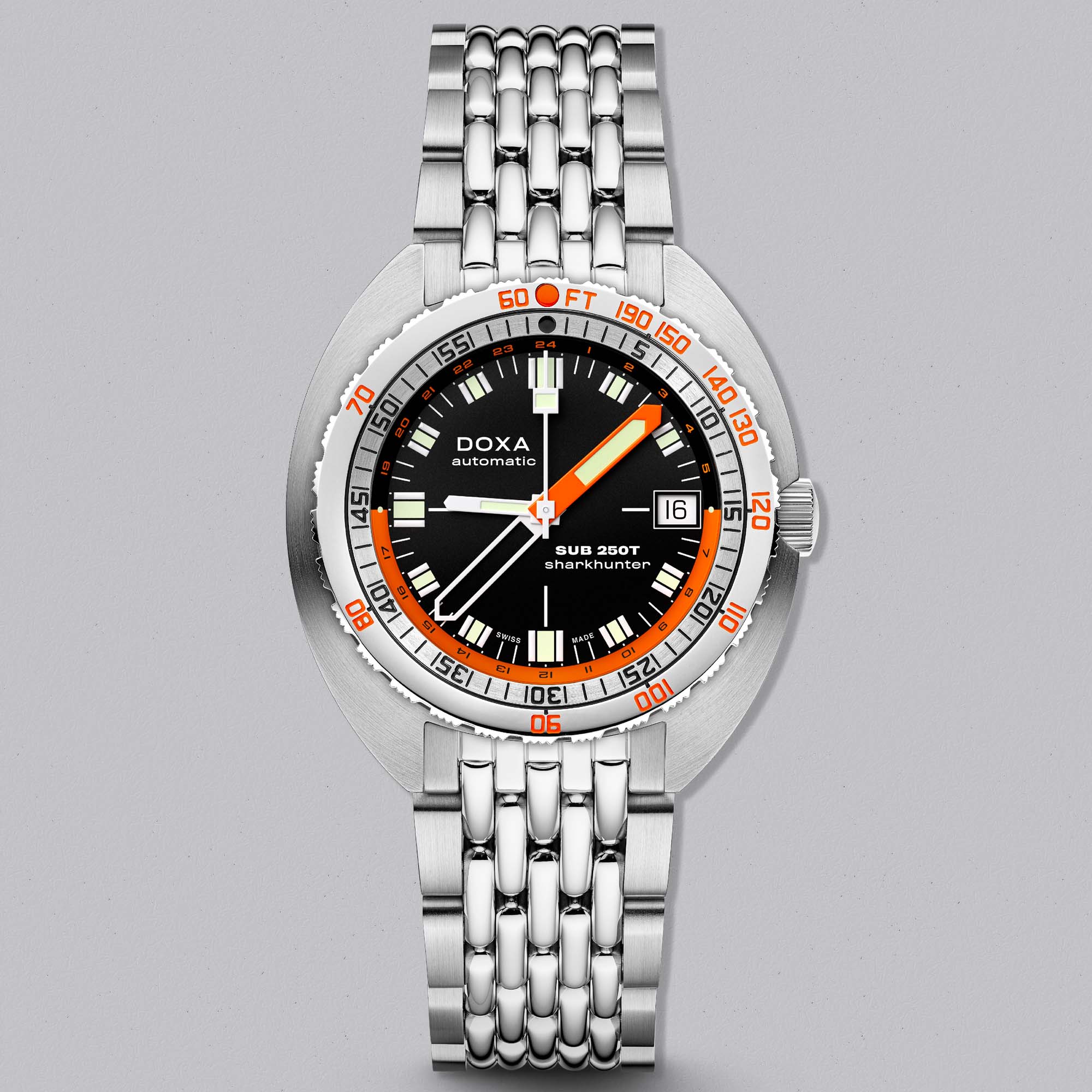 The DOXA SUB 250T GMT Sharkhunter is built for global adventurers—dual time zones, 200m water resistance, and iconic black-dial dive design.