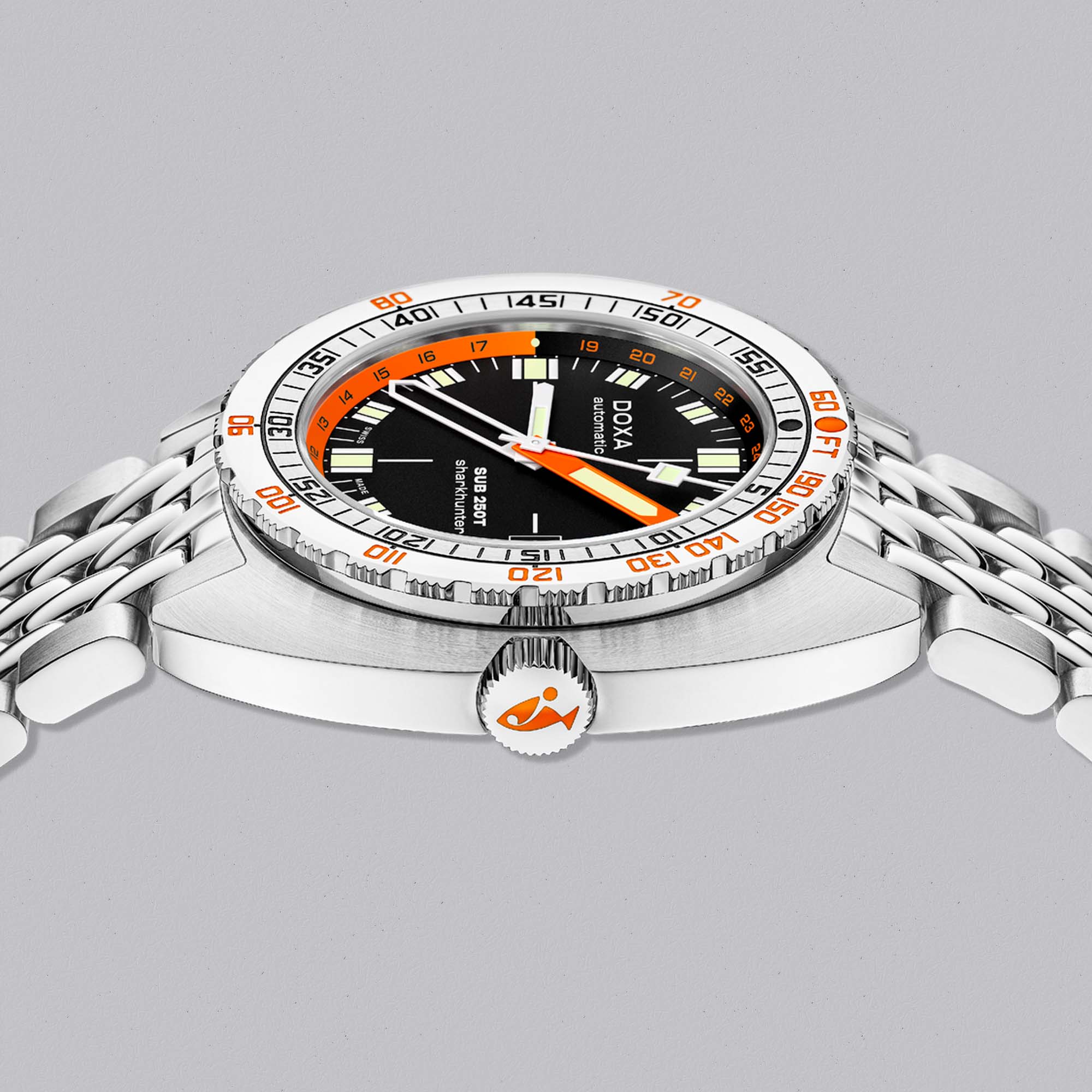The DOXA SUB 250T GMT Sharkhunter merges vintage tool-watch DNA with modern performance—black dial, orange accents, and global-time functionality.