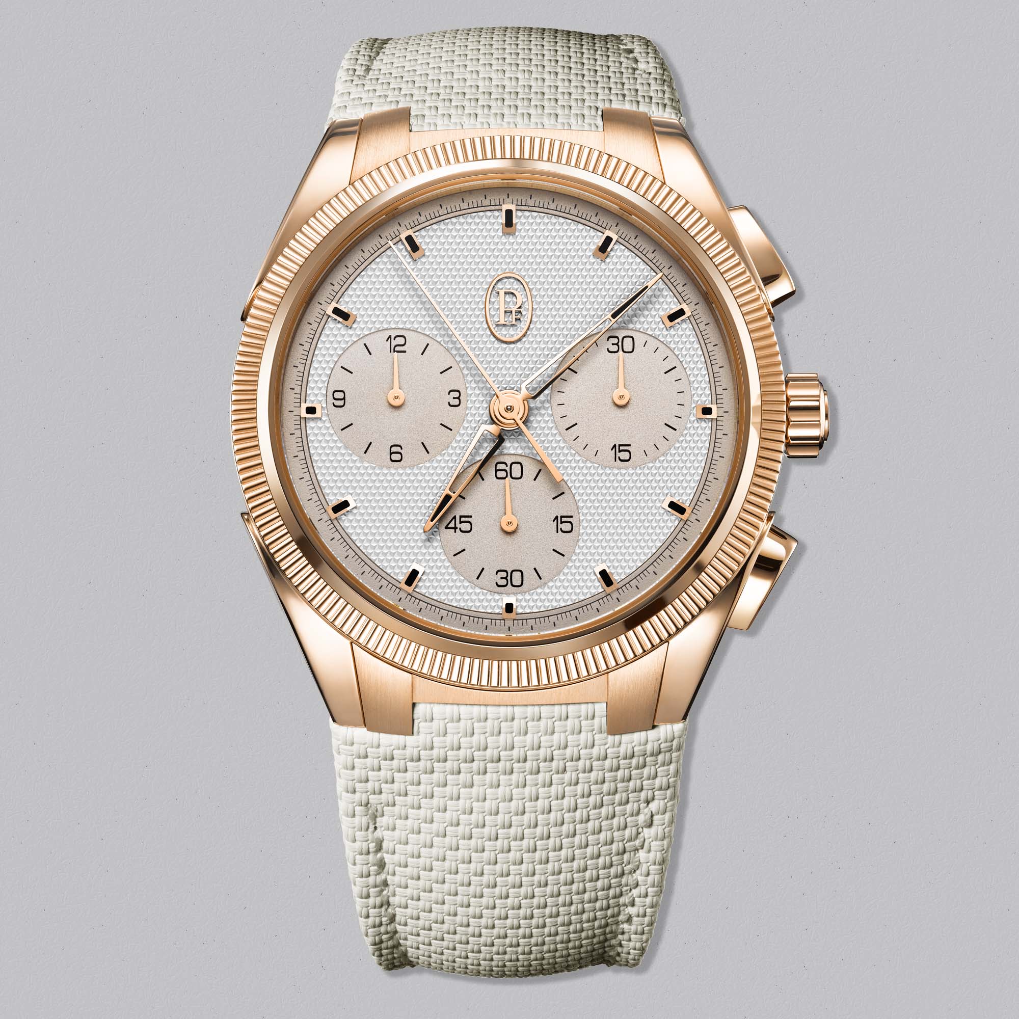 Parmigiani Tonda PF Sport Chronograph in rose gold with silver sandstone dial. COSC certified precision meets refined sporty elegance.